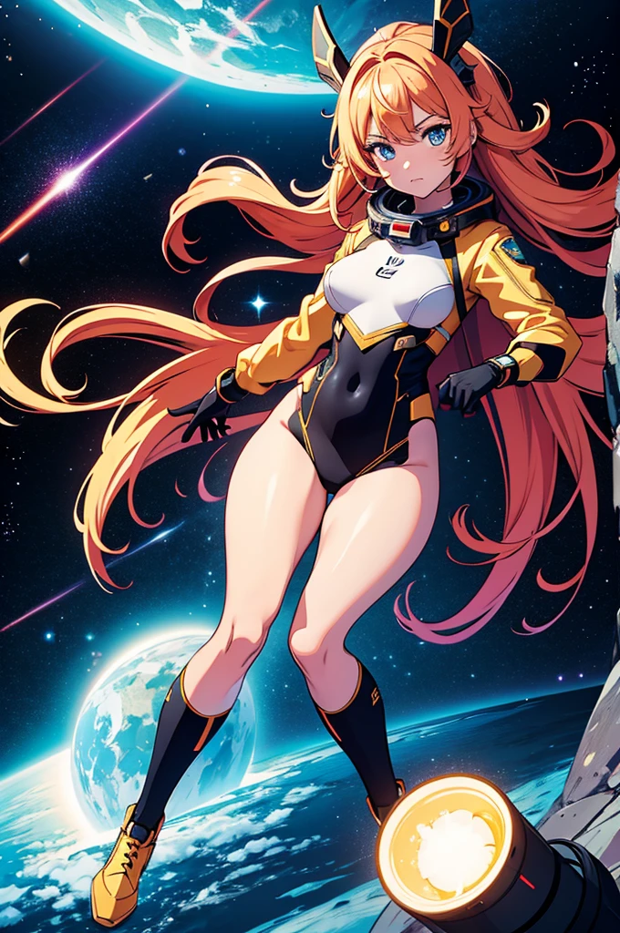 (best quality,4k,8k,highres,masterpiece:1.2),ultra-detailed,anime girl fantasy,sci-fi,space suit,big,front view,solo photo,thick hair,thick thighs,standing,thick legs,colorful,powerful lighting,deeper shadows,sharp focus,detailed facial features,sparkling eyes,stylish outfit,vibrant colors,background with celestial elements.