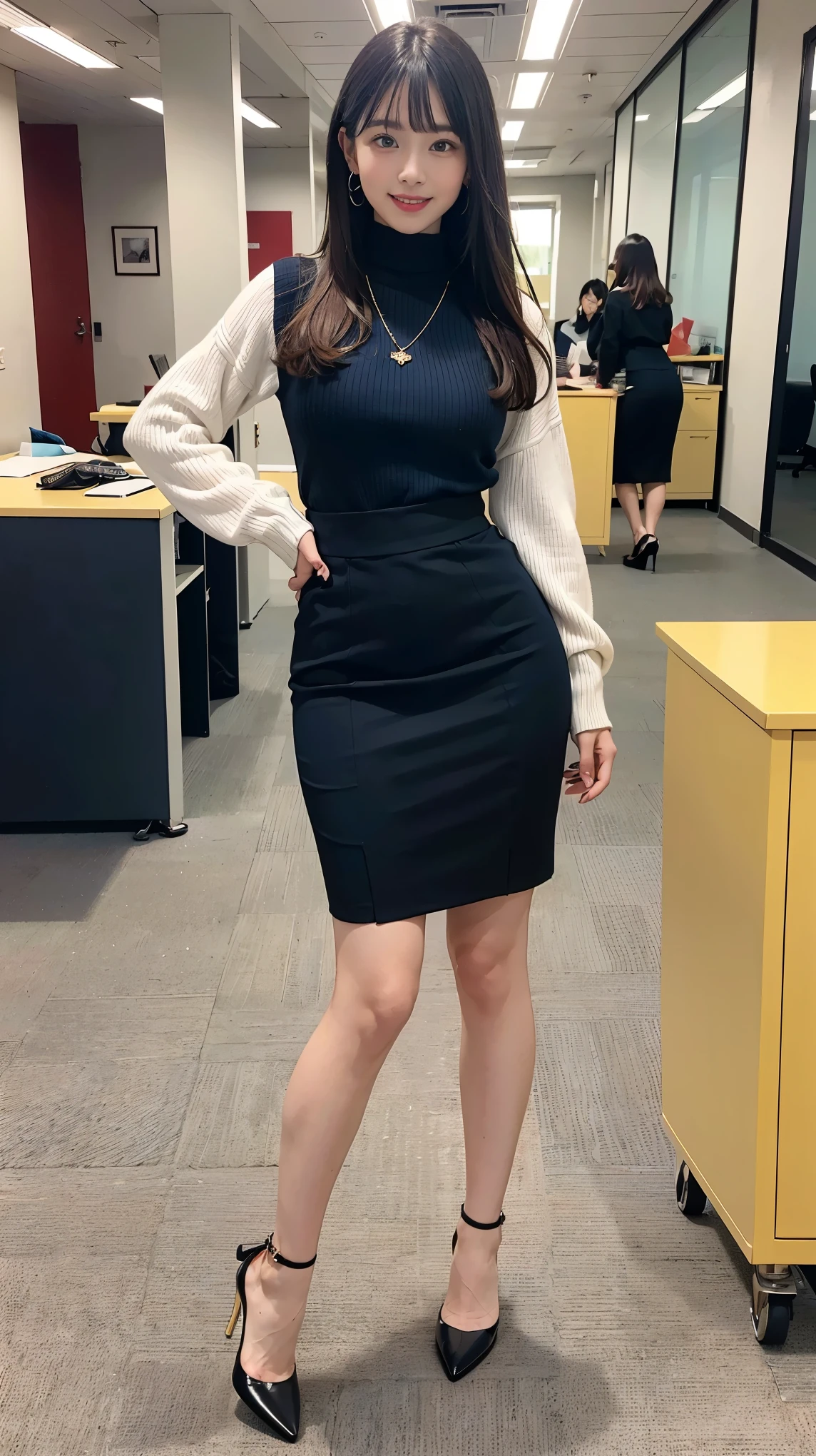 (Best Quality, Masterpiece, Photo realistic, Ultra Detailed, ultra high res, raw:1.3), (2girls:1.3), beautiful, Japanese, mature, 28yo, office workers, (turtle neck knit, pencil skirt), ({gold| silver| wine red| blue| navy| pink| white| black| yellow| green} clothes), (smile), long hair, bangs, high-waist, necklace, (at IT office), (long legs, high heels, full body:1.2), (big breasts:1.3), (crowd)