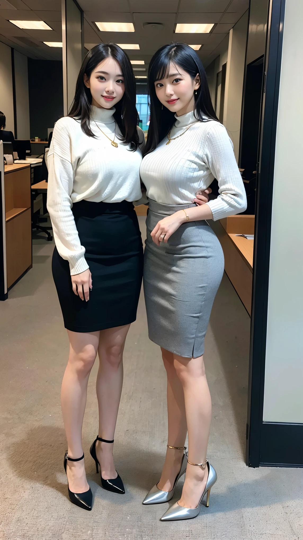 (Best Quality, Masterpiece, Photo realistic, Ultra Detailed, ultra high res, raw:1.3), (2girls:1.3), beautiful, Japanese, mature, 28yo, office workers, (turtle neck knit, pencil skirt), ({gold| silver| wine red| blue| navy| pink| white| black| yellow| green} clothes), (smile), long hair, bangs, high-waist, necklace, (at IT office), (long legs, high heels, full body:1.2), (big breasts:1.3), (crowd)