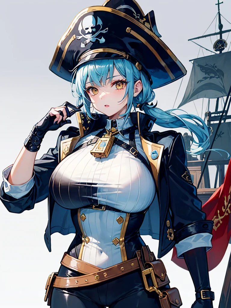 （（（masterpiece、Highest image quality、highest quality、highly detailed unity 8ｋwallpaper）））、（（Illustration of one girl、upper body））、（（（beautiful girl）））、（female pirate）、（Light light blue hair、short ponytail：1.2、yellow eyes）、（（（Right hand is a prosthetic hand、steampunk prosthetic arm）））、（（tall））、bulky figure, massive frame, thick neck, sturdy arms, powerful legs、（captain&#39;s suit、Pirate hat、Blue coat）、pirate ship