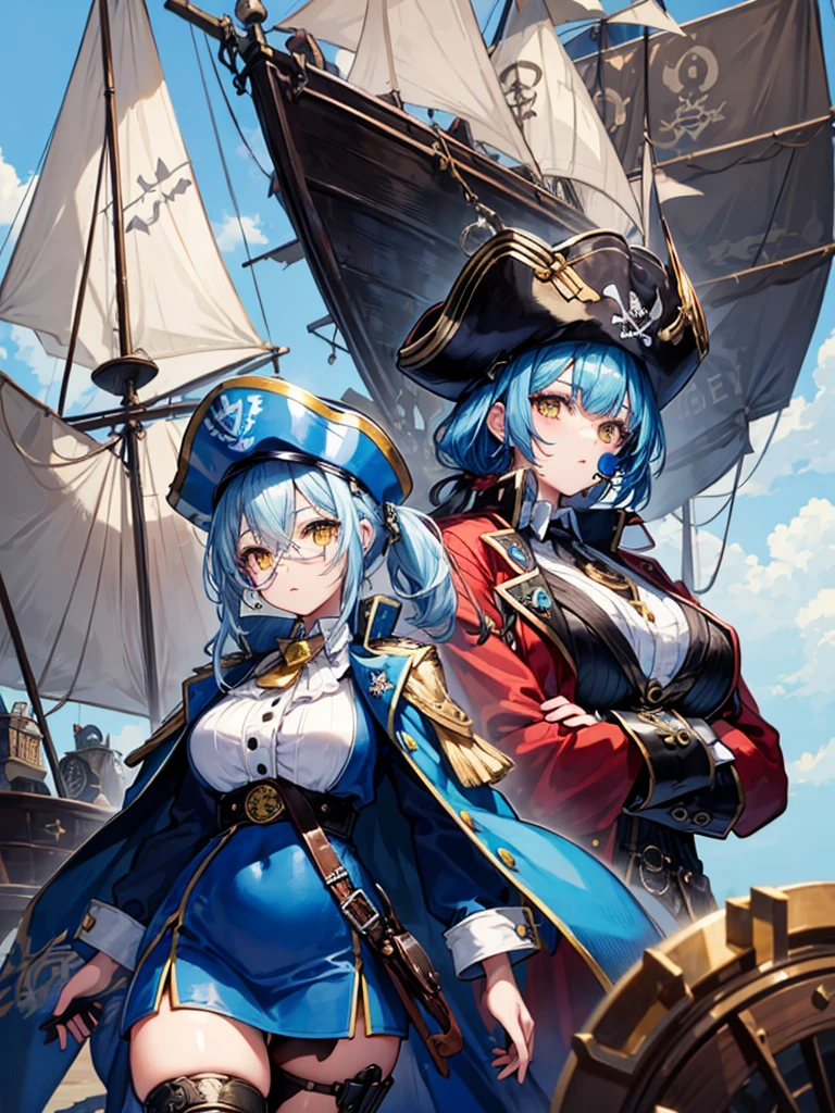(((masterpiece、Highest image quality、highest quality、highly detailed unity 8kwallpaper)))、((Illustration of one girl、upper body))、(((beautiful girl)))、(female pirate)、(Light light blue hair、short ponytail:1.2、yellow eyes)、(((Right hand is a prosthetic hand、steampunk prosthetic arm)))、((tall))、bulky figure, massive frame, thick neck, sturdy arms, powerful legs、(captain's suit、Pirate hat、Blue coat)、pirate ship