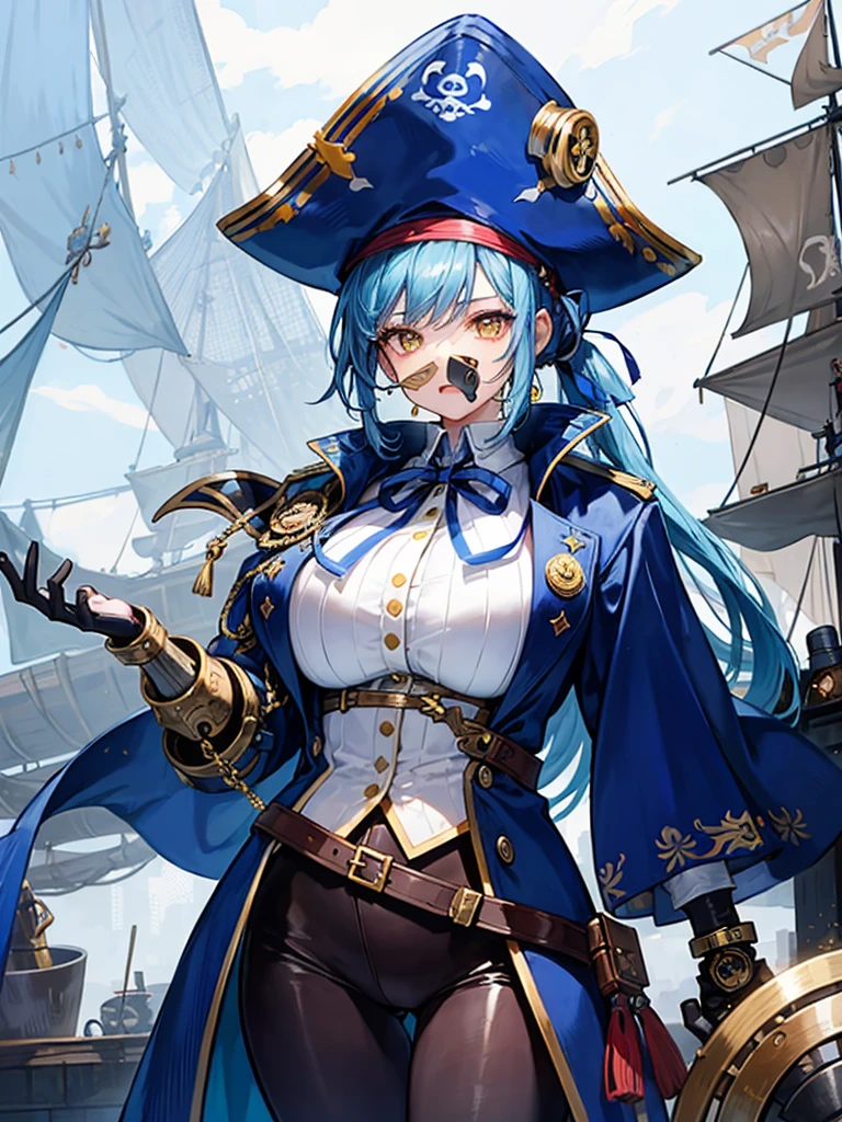 (((masterpiece、Highest image quality、highest quality、highly detailed unity 8kwallpaper)))、((Illustration of one girl、upper body))、(((beautiful girl)))、(female pirate)、(Light light blue hair、short ponytail:1.2、yellow eyes)、(((Right hand is a prosthetic hand、steampunk prosthetic arm)))、((tall))、bulky figure, massive frame, thick neck, sturdy arms, powerful legs、(captain's suit、Pirate hat、Blue coat)、pirate ship