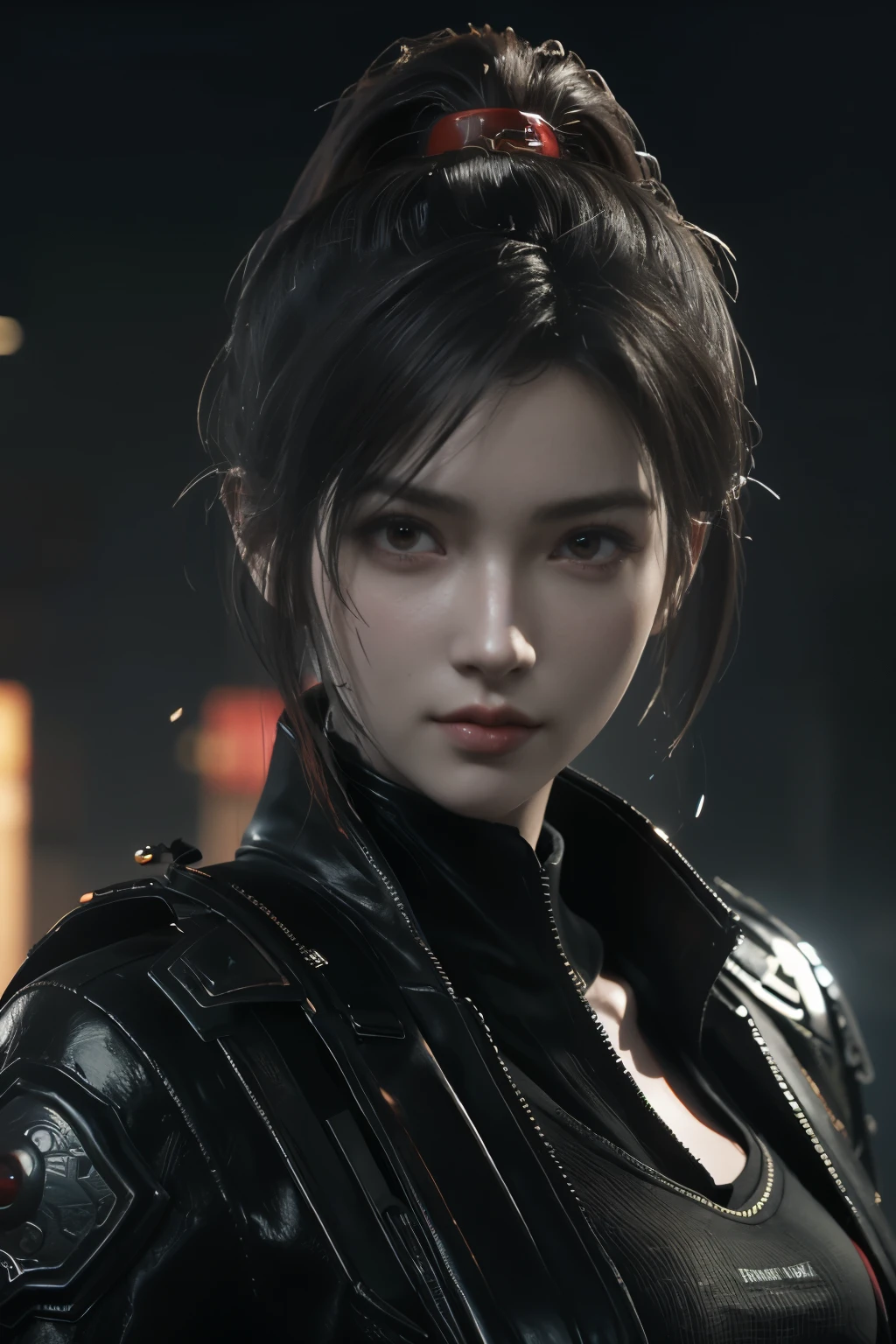 Game art，The best picture quality，Highest resolution，8K，(A bust photograph)，(Portrait)，(Head close-up)，(Rule of thirds)，Unreal Engine 5 rendering works， (The Girl of the Future)，(Female Warrior)， 22岁少女，(Female hackers)，(Rainbow hair，Ancient Oriental hairstyle)，((The pupils of the red eyes:1.3))，(A beautiful eye full of detail)，(Big breasts)，(Eye shadow)，优雅迷人，冷漠，((Anger))，(Cyberpunk jacket full of futuristic look，Joint Armor，There are exquisite Chinese patterns on the clothes，A flash of jewellery)，赛博朋克人物，未来风格， 拍照姿势，城市背景，Movie lights，Ray tracing，Game CG，((3D Unreal Engine))，oc渲染反射纹