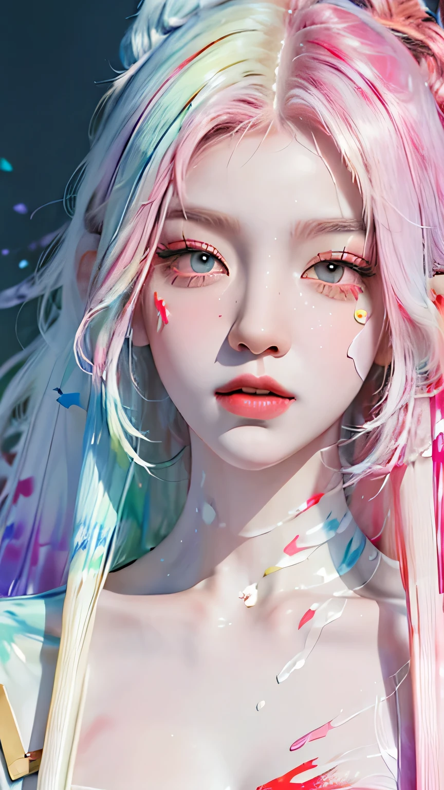 (masterpiece, best quality, high resolution), White background, ((paint splatter, splash of color, splash ink, splash of color)), Sweet Chinese girl, rainbow hair, pink lips, front, Upper body