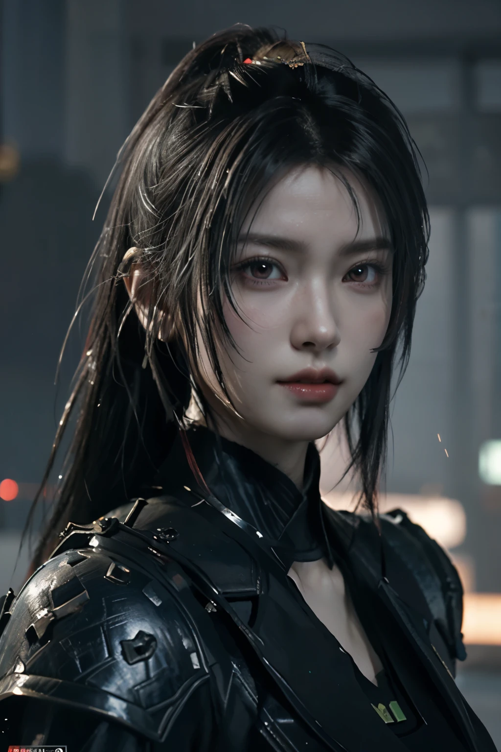 Game art,The best picture quality,Highest resolution,8K,(A bust photograph),(Portrait),(Head close-up),(Rule of thirds),Unreal Engine 5 rendering works, (The Girl of the Future),(Female Warrior), 22岁少女,(Female hackers),(Rainbow hair,Ancient Oriental hairstyle),((The pupils of the red eyes:1.3)),(A beautiful eye full of detail),(Big breasts),(Eye shadow),优雅迷人,冷漠,((Anger)),(Cyberpunk jacket full of futuristic look,Joint Armor,There are exquisite Chinese patterns on the clothes,A flash of jewellery),赛博朋克人物,未来风格, 拍照姿势,城市背景,Movie lights,Ray tracing,Game CG,((3D Unreal Engine)),oc渲染反射纹