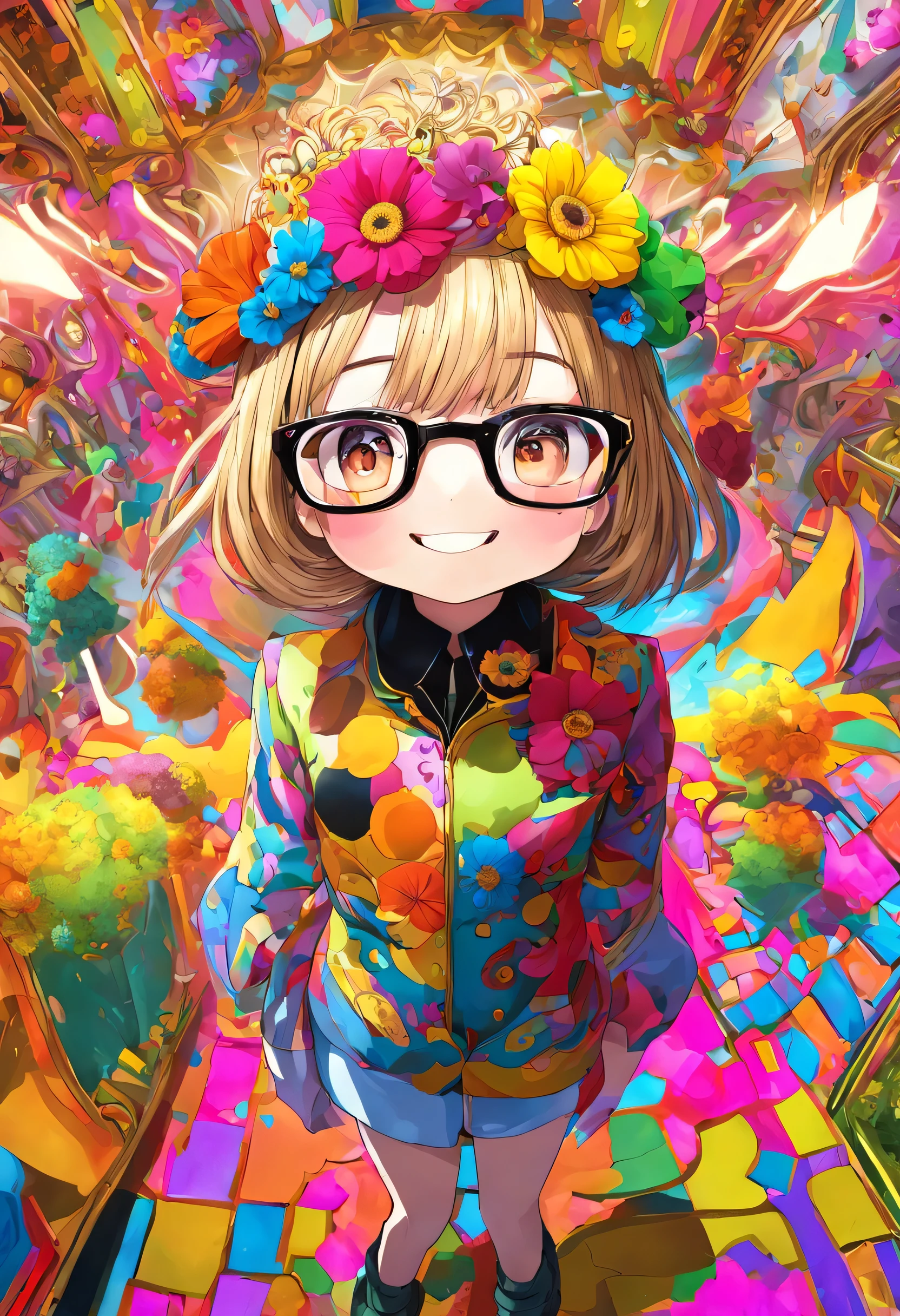 ((flowercrown)),Contemporary art created by tracing traces of colorful ink、masterpiece、Super detailed、pop art、innocent smile、Glasses、(1 girl, alone:1.6),(cute smile), (Best Impact:1.5), (maximalism:1.7), Vivid contrast, (realistic), Super realistic illustration, High resolution, Super detailed, absurd,(fractal art:1.3)、one piece figure、random hairstyle、Random hair color colorful、full body shot、retro、Precise focus、random pose、cinema 4d、Drama