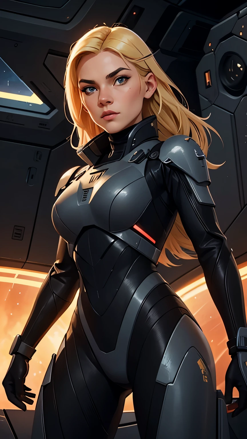 European woman in combat clothing, combat pose, detailed beautiful face, blonde hair, black battle suit, science fiction, in spaceship, high resolution