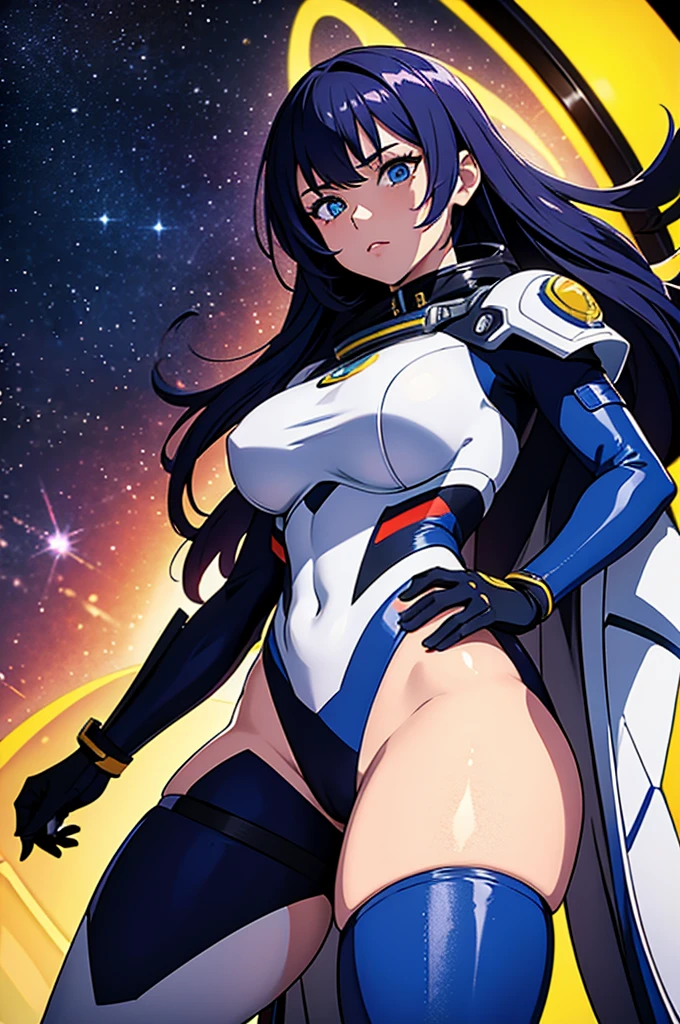 (best quality,4k,8k,highres,masterpiece:1.2),ultra-detailed,anime girl fantasy,sci-fi,space suit,big,front view,solo photo,thick hair,thick thighs,standing,thick legs,colorful,powerful lighting,deeper shadows,sharp focus,detailed facial features,sparkling eyes,stylish outfit,vibrant colors,background with celestial elements.
