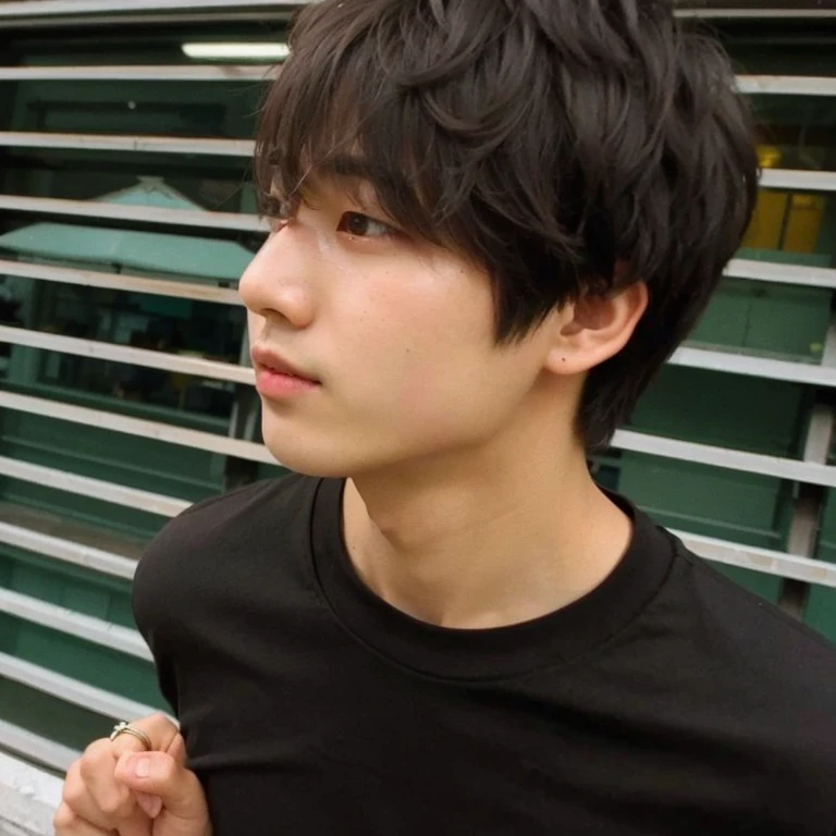 There is a young man standing outside a building with a cell phone., pintar ulzzang, Jinyoung Shin, hyung tae, kim doyoung, Con pelo corto, seson yoon, TaeJune Kim, El chico tiene el pelo negro corto., hong junio hyung, hyung tae kim, Hyung - Tae Kim, Hyung-tae Kim, hombre surcoreano, joven y adorable rostro coreano