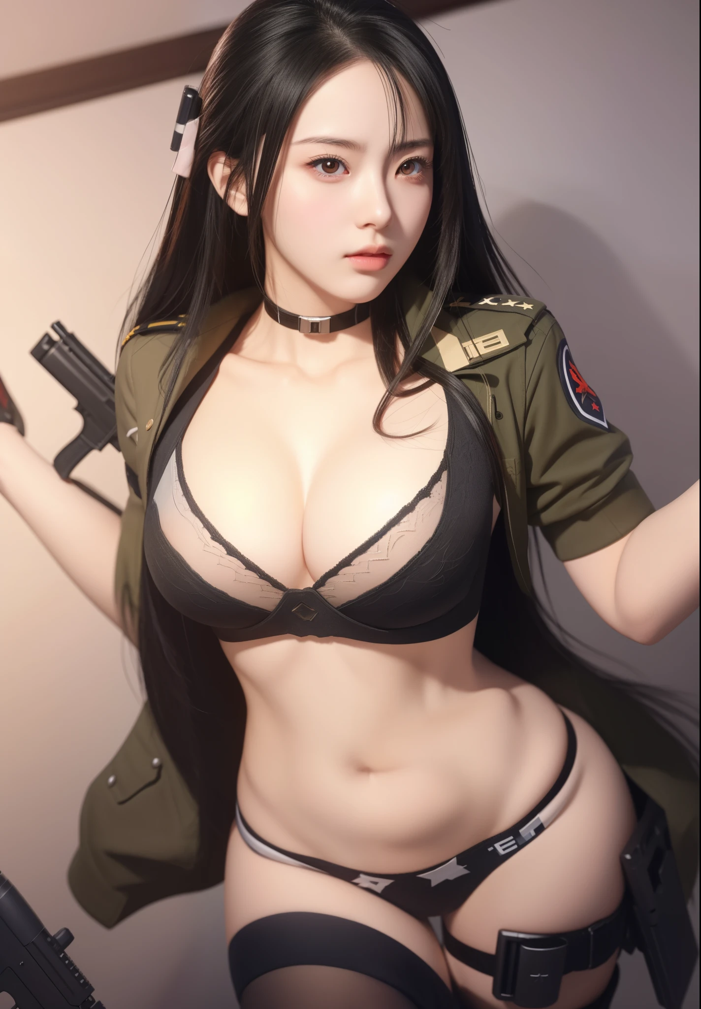 a close up of a woman in a uniform holding a gun, seductive anime girl, fine details. girls frontline, from girls frontline, range murata and artgerm, [ 4 k digital art ]!!, extremely detailed artgerm, beautiful alluring anime woman, photorealistic anime girl render, soldier girl, attractive anime girl, photorealistic anime, sexy pose
