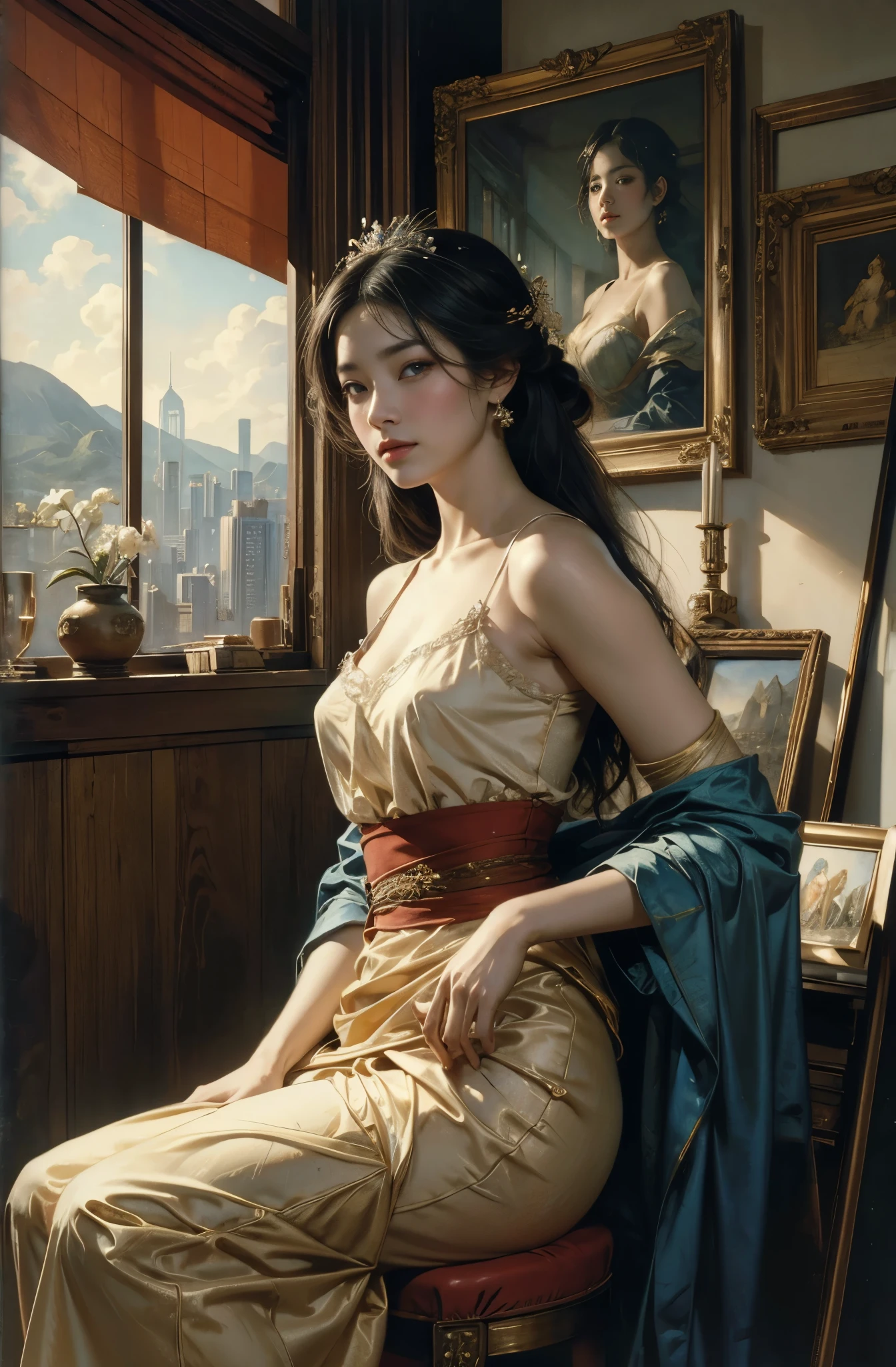 A painting of a beautiful young woman standing by the window, Inspired by Chen Yifei, Inspired by Francesco Hayez, Inspired by Hendrik Terbruggen, Inspired by Jean-Auguste Dominique Ingres, Inspired by Liu Jun, Inspired by Jean-Auguste Dominique Ingres, best quality, perfect angle, perfect composition, best shot, official art, cinematic light, figurative art, Intense watercolor painting, watercolor detailed art,Beautiful and expressive paintings, Beautiful artwork illustration, wonderful, cool beauty, highest quality, official art, perfect composition,perfect angle, best shot, female solo, sharp outline, melancholy, nostalgia, nostalgia,Eyes without pupils, color eye, ideal anima,　melancholy, nostalgia, romantic, Hong Kong in the 1960s, sepia memories