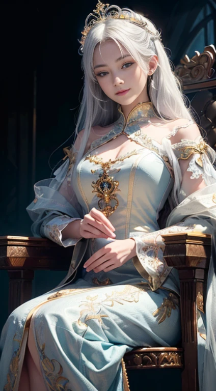 (Masterpiece:1.2), best quality, (illustration:1.2), (ultra-detailed), hyper details, (delicate detailed), (intricate details), (cinematic light, best quality Backlights), clear line, from below, soloist, perfect body, (1girl), white hair and yellow eyes, (emperor, black see-through clothes), (crown: 1.1), sitting on the throne, eyes slightly closed, head up , (arrogant : 1.2 ), (makeup), high contrast, (best illumination, an extremely create and beautiful), (cinematic light), colorful, smirk smile,  blue eyes