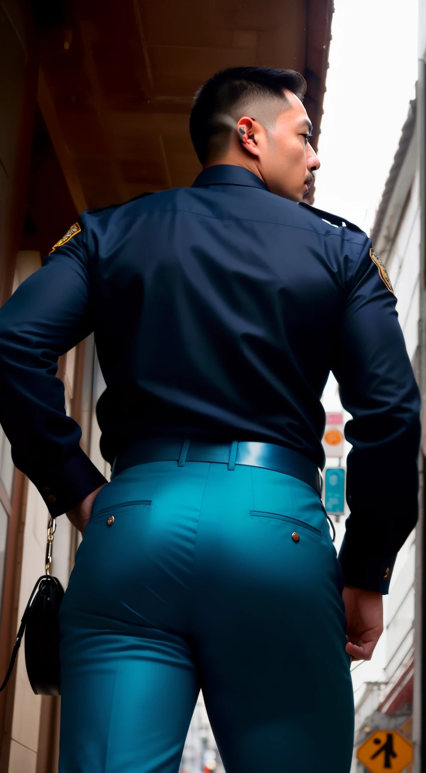 ((photo realistic)), (((one men only in the picture))), 30 years old mature muscular bulky sexy Japanese policemen Kenta in police Keisatsu uniform looking to the camera, short haired, back arched, he is wearing dark blue satin pants and white shirt (unrealistic super big tight butt), ((tight pants)), medium shot taken from behind, back - shot, rear-shot, ((Low angle)), on a busy street