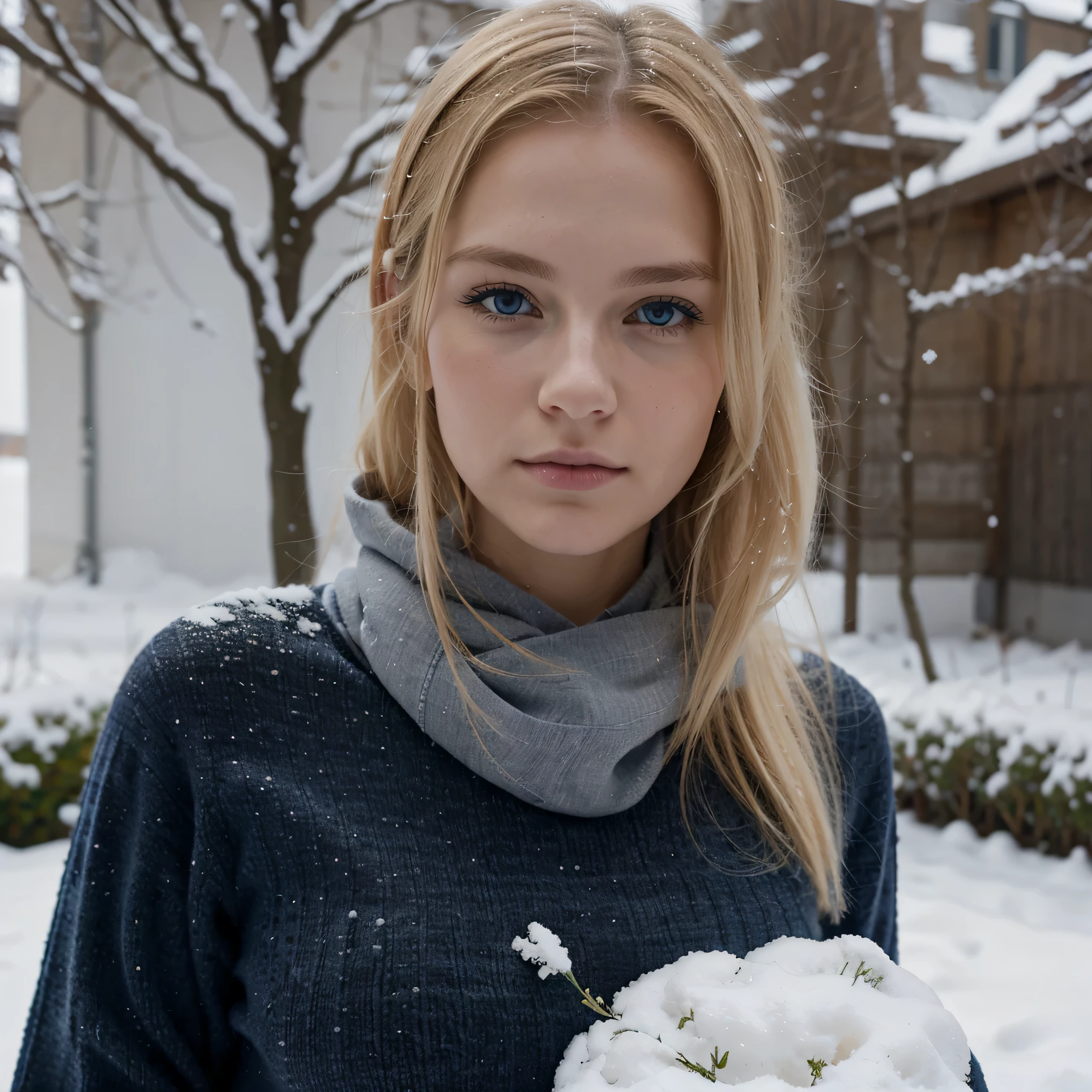 blonde de 25 ans, très classe, en tenue pour aller au bureau, yeux verts bleus, flirte avec la camera, cheveux blond, cheveux blancs, affectueux, Se maquiller, dehors, hiver, neige, détourner le regard de la caméra, 135mm, canon, F/16, UHD, anatomiquement correct, chef-d'œuvre, peau texturée, Super détail, détails élevés, haute qualité, Haute résolution, 8K