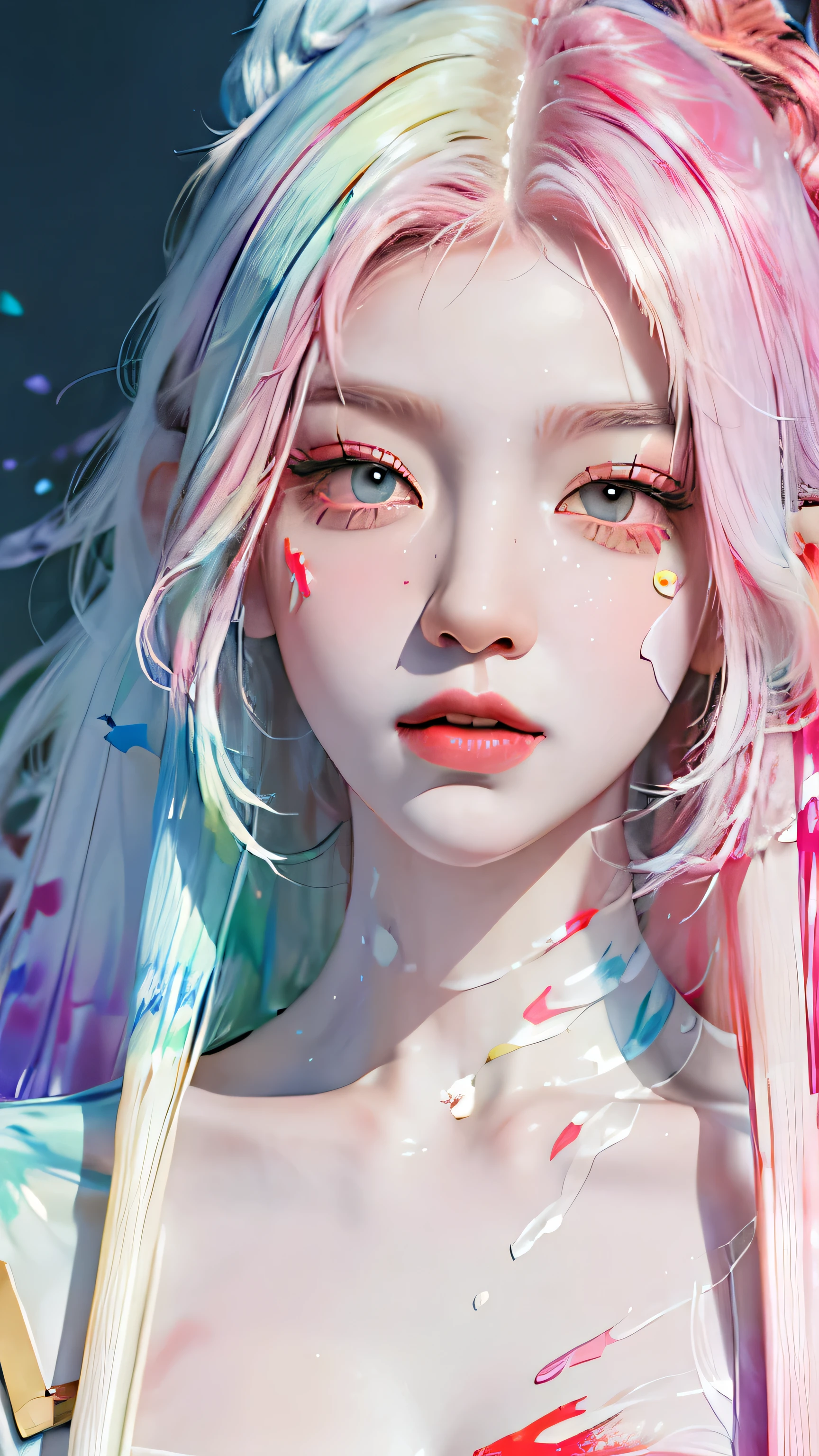Light blue and pink color scheme, Sexy girl nipple, little body, Petite, White curly hair, Semi-closed Eyes, Moaning