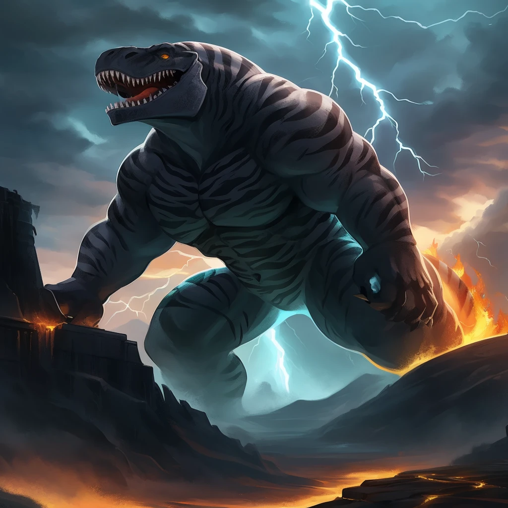 A tiger-striped T-Rex, solo and imposing, towers over the landscape with an open mouth spewing forth flames. The heavy rain pelts down around it, and the sky is illuminated by frequent lightning strikes. Each flash of lightning accentuates the intricate tiger-like stripes covering the T-Rex's massive body, giving it an otherworldly appearance. The thunder rumbling in the distance adds to the tense atmosphere, making it seem as if this ancient beast is awakening from a slumber to reclaim its dominion over the land.