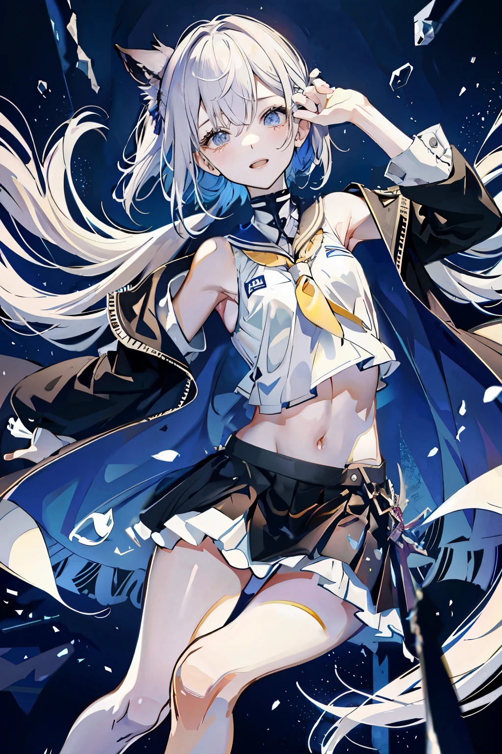 (8K、Best quality at best、tmasterpiece:1.2)、(Endless realism、Photorealsitic:1.37)、hyper-detailing,(8K, Best quality, tmasterpiece:1.2),\(Eyes detailed\),\(facial feature\),(\(Clothes detail details\)\),1 girl,Alone,(pale-skinned:1.3),Slim,The faintly visible collarbone,vaguely visible ribs,Small under breasts,Wear a cropped vest,navel,fabric hot pants,groin,A beautyful girl