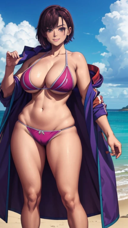 (masterpiece), best quality, ultra realistic detailed purple eyes, perfect face, beach background, beach bikini and penty, looking at viewers, massive breast, looking at viewers, front facing, front view, happy face, perfect curvy shaped beautiful body, realistic body , purple short hair, 