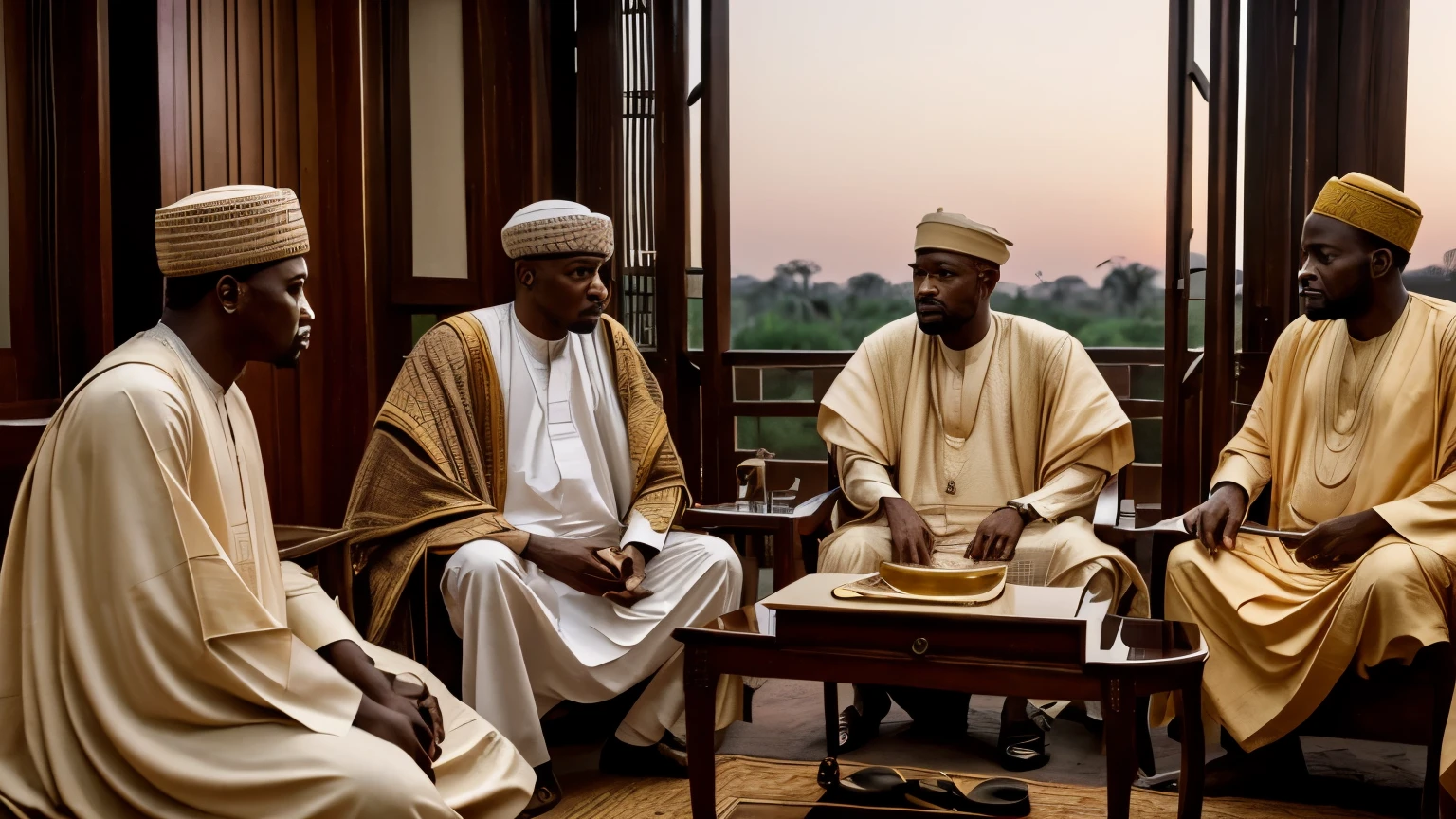 There are medium shots of White British colonials meeting with traditional Hausa rulers in Kano, Gold Hour, Sunset, 4k, High res, Movie Opener, Preamble