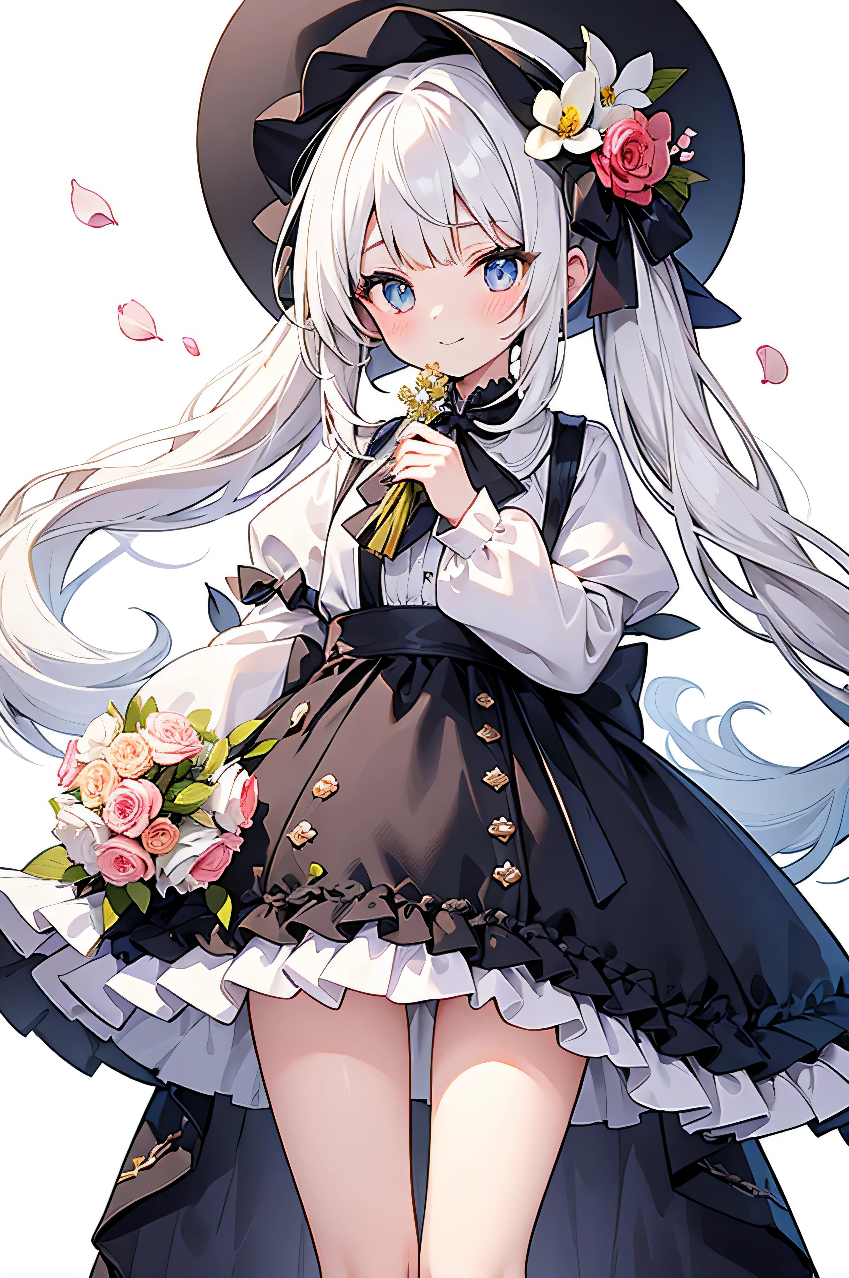 masterpiece, best quality, 1girl, solo, long_hair, looking_at_viewer, white hair twintails, grees eyes, smile, bangs, white princess dress, long_sleeves, hat, dress, bow, holding, closed_mouth, flower, frills, hair_flower, petals, bouquet, holding sword, center_frills, bonnet, holding_bouquet, tachi-e, full body, white background,