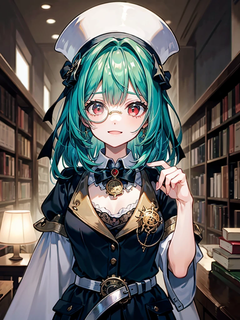 （（（masterpiece、Highest image quality、highest quality、highly detailed unity 8ｋwallpaper）））、（（Illustration of one girl、upper body））、（（（beautiful girl）））、（librarian）、（Emerald green hair、messy hair、sidelocks：1.2、red eyes、crazy smile）、（（（flat chest）））、（（（monocle）））、pocket watch、（（（Black top hat、Black tuxedo、belt）））、great medieval library、Large amount of books
