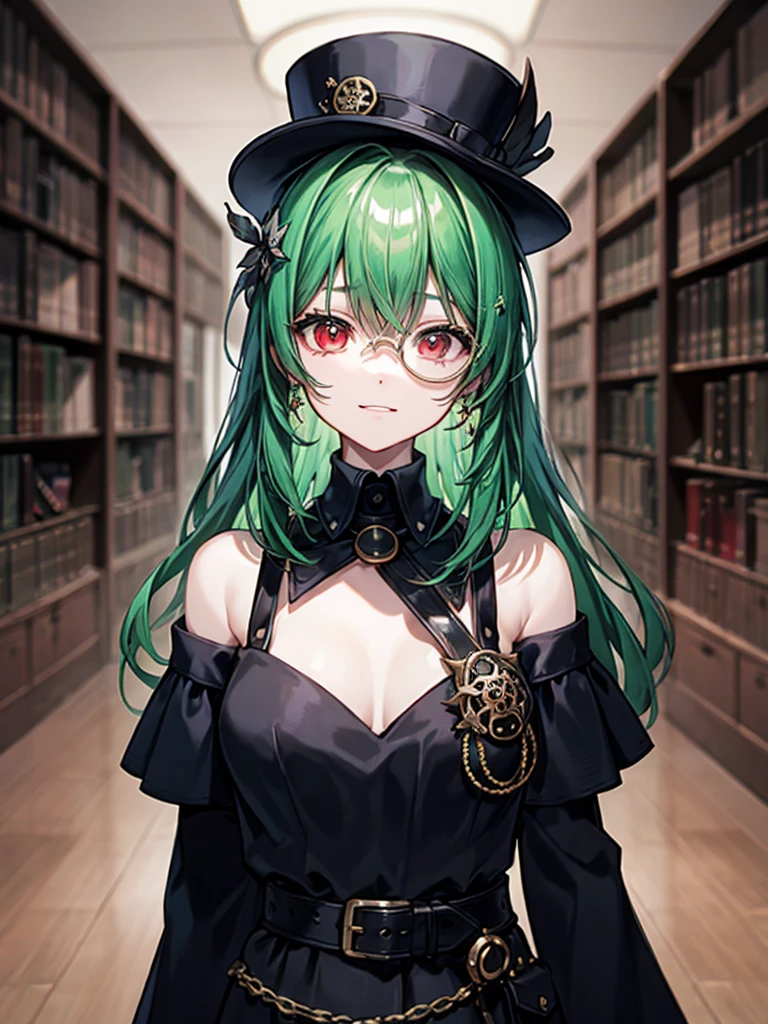 (((masterpiece、Highest image quality、highest quality、highly detailed unity 8kwallpaper)))、((Illustration of one girl、upper body))、(((beautiful girl)))、(librarian)、(Emerald green hair、messy hair、sidelocks:1.2、red eyes、crazy smile)、(((flat chest)))、(((monocle)))、pocket watch、(((Black top hat、Black tuxedo、belt)))、great medieval library、Large amount of books