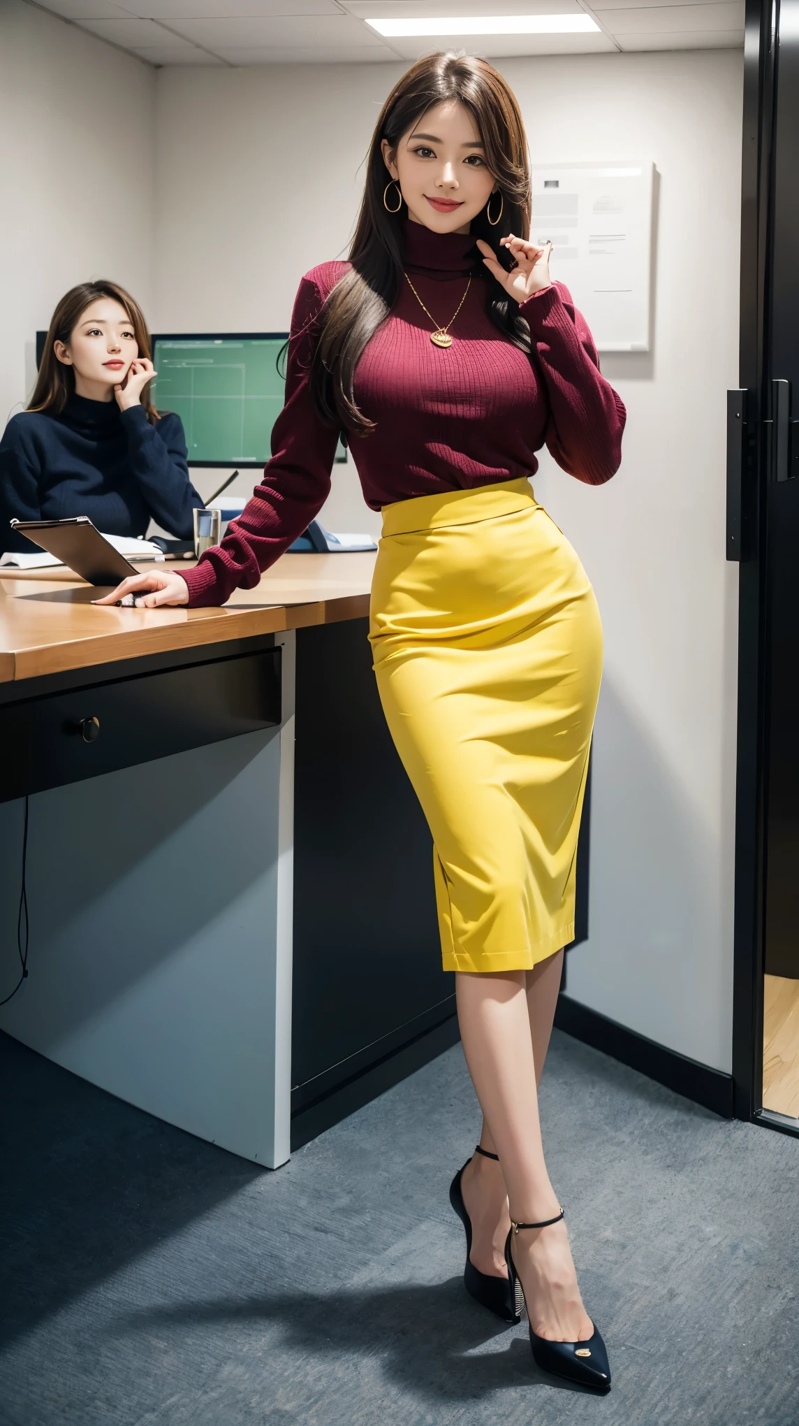 (Best Quality, Masterpiece, Photo realistic, Ultra Detailed, ultra high res, raw:1.3), (2girls:1.3), beautiful, Japanese, mature, 28yo, office workers, (turtle neck knit, pencil skirt), ({gold| silver| wine red| blue| navy| pink| white| black| yellow| green} clothes), (smile), long hair, bangs, high-waist, necklace, (at IT office), (long legs, high heels, full body:1.2), (big breasts:1.3), (crowd)
