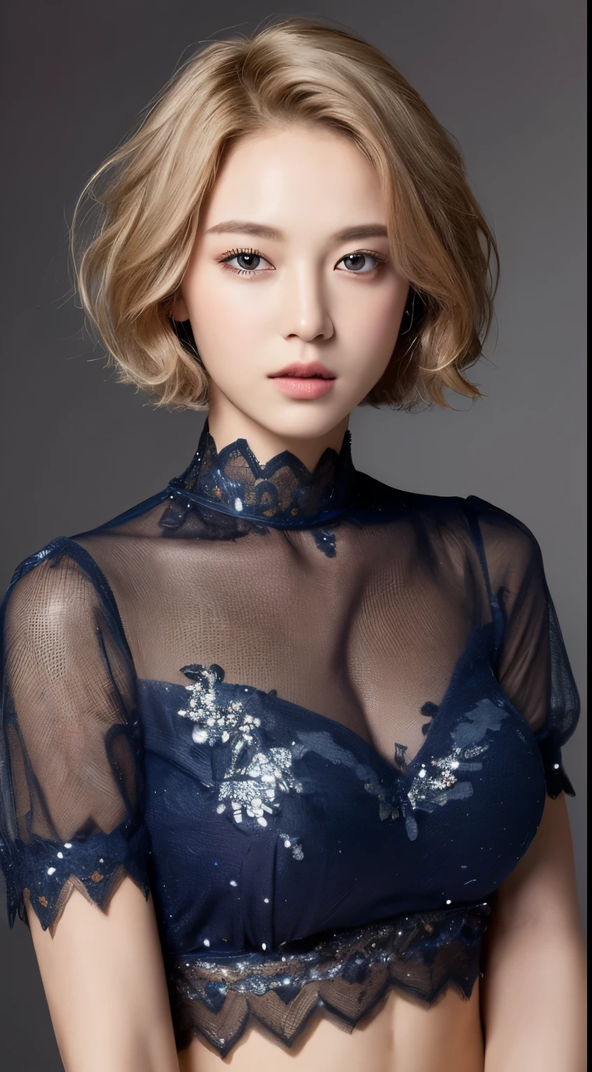 ((highest quality, 8K, masterpiece :1.3)), 1 girl, pretty woman with thin abs :1.3, (medium short hair, huge breasts :1.2), dress :1.1, super detailed face, fine eyes, double eyelid