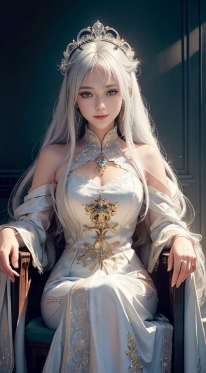 (Masterpiece:1.2), best quality, (illustration:1.2), (ultra-detailed), hyper details, (delicate detailed), (intricate details), (cinematic light, best quality Backlights), clear line, from below, soloist, perfect body, (1girl), white hair and yellow eyes, (emperor, black see-through clothes), (crown: 1.1), sitting on the throne, eyes slightly , head up , (arrogant : 1.2 ), (makeup), high contrast, (best illumination, an extremely create and beautiful), (cinematic light), colorful, smirk smile, blue eyes, details eyes