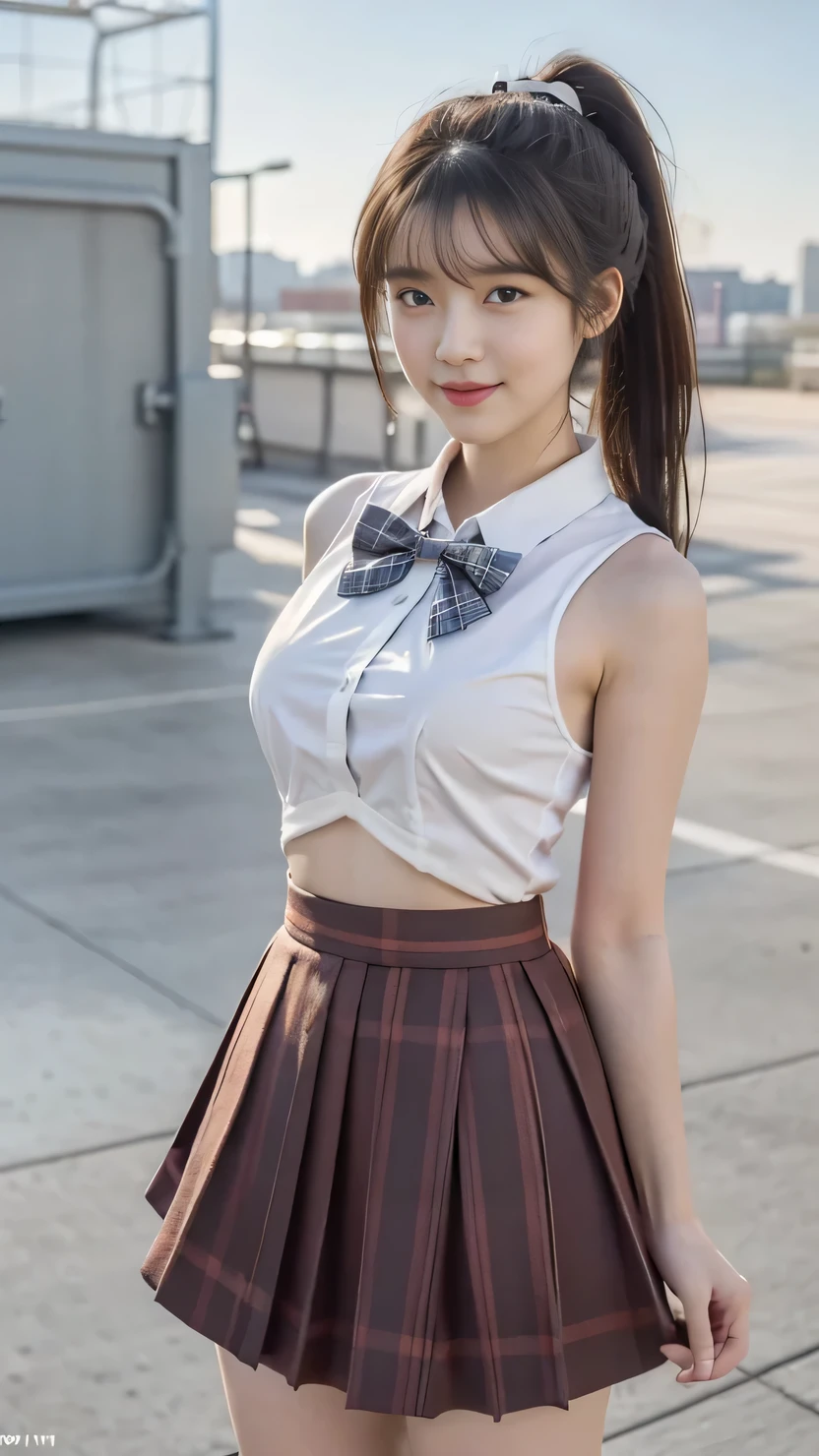 girls in school classroom,long-sleeved white swimsuit with plaid frill skirt,red bow tie,18-year-old,bangs,a little smiles,thighs,knees,crotch,low ponytail,from below