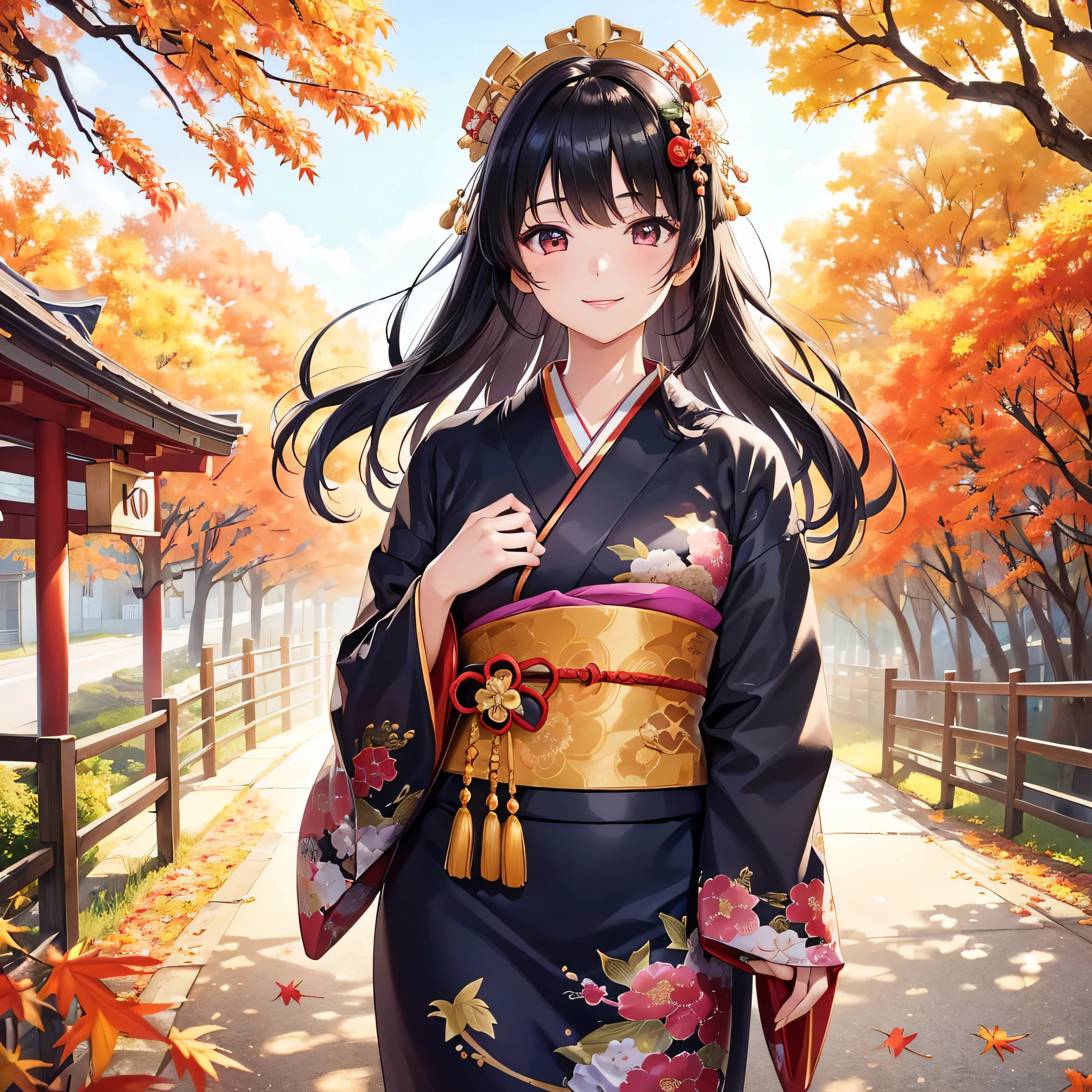 (Super beautiful woman in kimono)、((highest quality、8K masterpiece:1.3))、sharp focus:1.2、(super beautiful face:1.0)、(shiny skin:1.0)、realistic pictures、black haired、video writing、High resolution eyes and face、video writing、japanese actress、from the front、Medium chest、with a happy smile、wearing a kimono、under the autumn leaves、highest grade obi