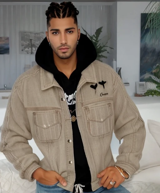 Handsome man, tanned skin, piercing light blue eyes, corn-rows dark hair, stubble