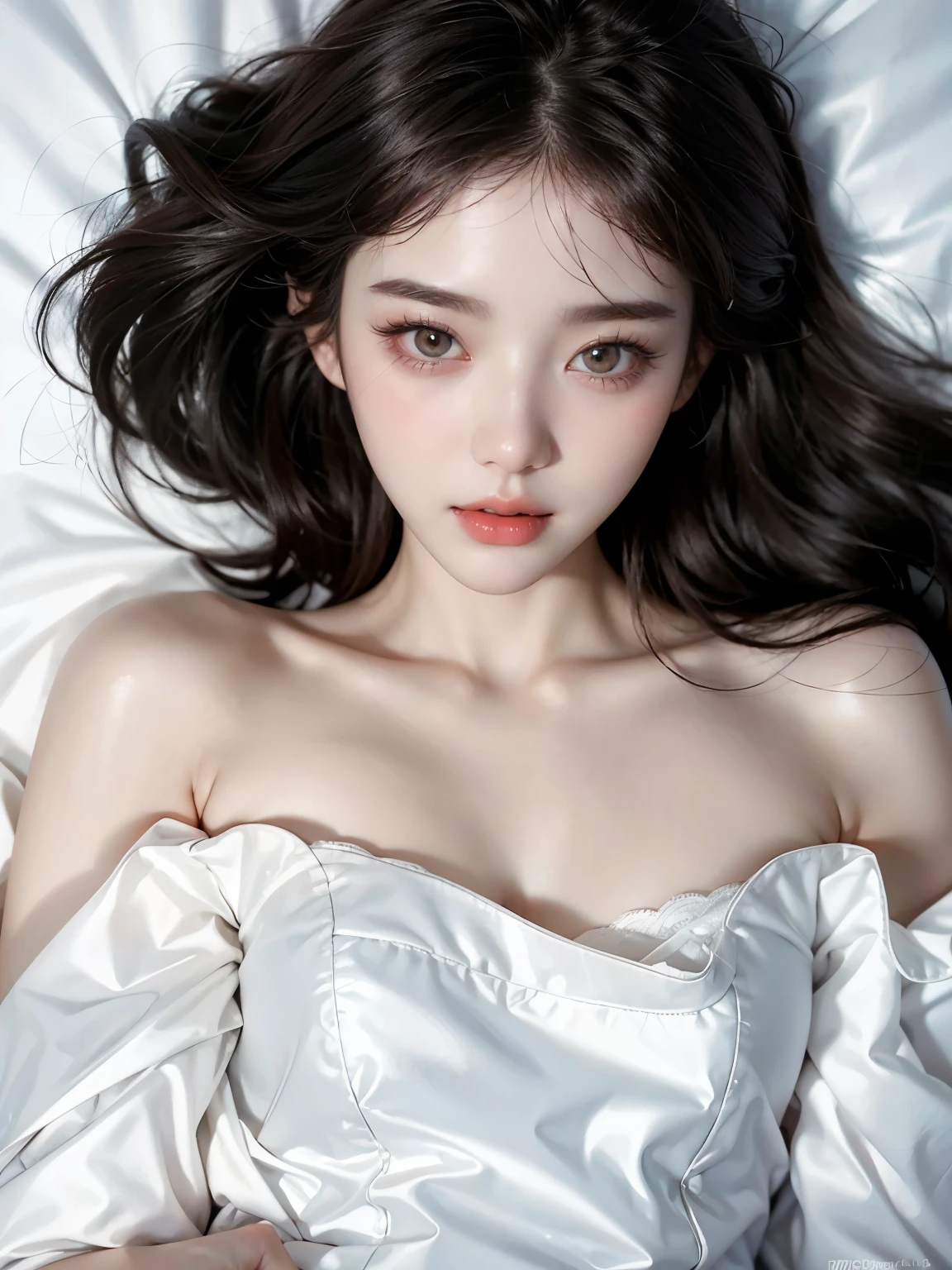 a close up of a woman laying in a bed with a white sheet, pale milky white porcelain skin, pale snow white skin, portrait of female korean idol, jinyoung shin, inspired by Yanjun Cheng, yanjun chengt, gorgeous chinese model, milky white skin, ulzzang, jaeyeon nam, iu lee ji-eun as a super villain