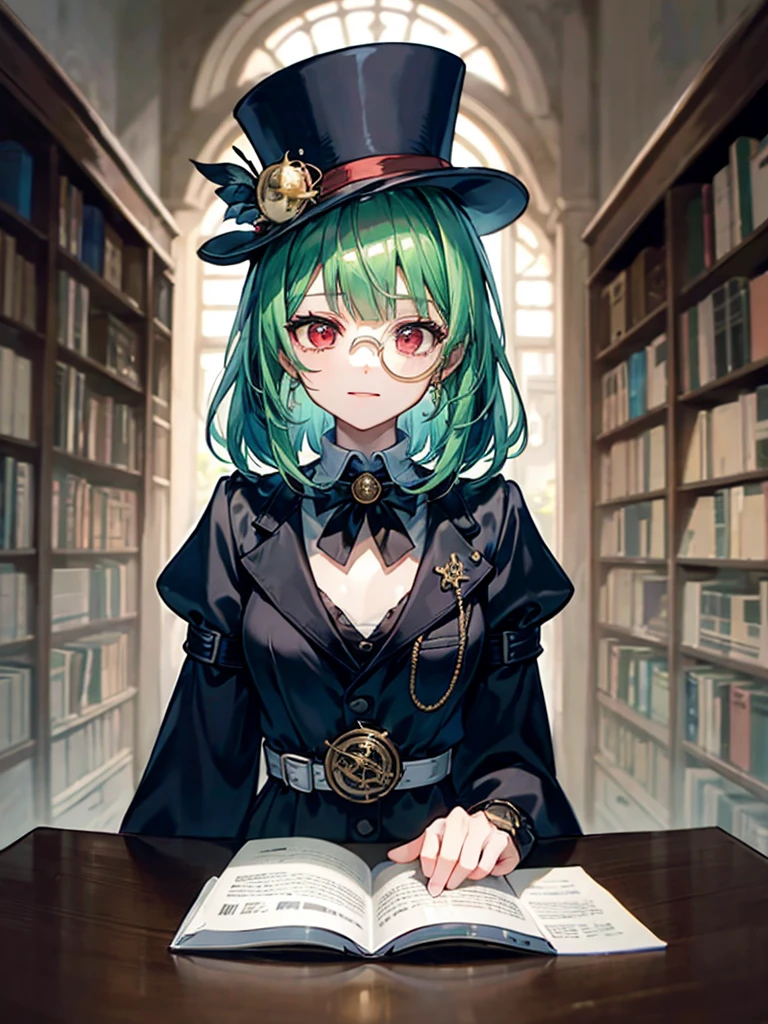 （（（masterpiece、Highest image quality、highest quality、highly detailed unity 8ｋwallpaper）））、（（Illustration of one girl、upper body））、（（（beautiful girl）））、（librarian）、（Emerald green hair、messy hair、sidelocks：1.2、red eyes、crazy smile）、（（（flat chest）））、（（（monocle）））、pocket watch、（（（Black top hat、Black tuxedo、belt）））、great medieval library、Large amount of books