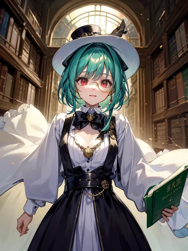 （（（masterpiece、Highest image quality、highest quality、highly detailed unity 8ｋwallpaper）））、（（Illustration of one girl、upper body））、（（（beautiful girl）））、（librarian）、（Emerald green hair、messy hair、sidelocks：1.2、red eyes、crazy smile）、（（（flat chest）））、（（（monocle）））、pocket watch、（（（Black top hat、Black tuxedo、belt）））、great medieval library、Large amount of books