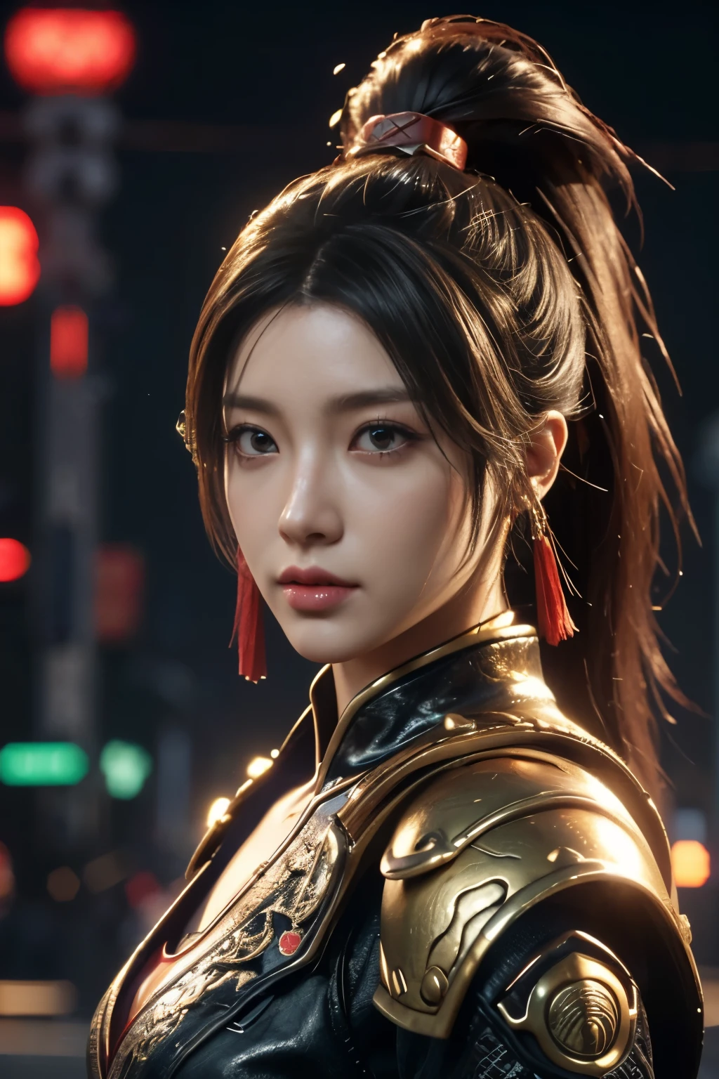Game art,The best picture quality,Highest resolution,8K,(A bust photograph),(Portrait),(Head close-up),(Rule of thirds),Unreal Engine 5 rendering works, (The Girl of the Future),(Female Warrior), 22岁少女,(Female hackers),(Rainbow hair,Ancient Oriental hairstyle),((The pupils of the red eyes:1.3)),(A beautiful eye full of detail),(Big breasts),(Eye shadow),优雅迷人,冷漠,((Anger)),(Cyberpunk jacket full of futuristic look,Joint Armor,There are exquisite Chinese patterns on the clothes,A flash of jewellery),赛博朋克人物,未来风格, 拍照姿势,城市背景,Movie lights,Ray tracing,Game CG,((3D Unreal Engine)),oc渲染反射纹