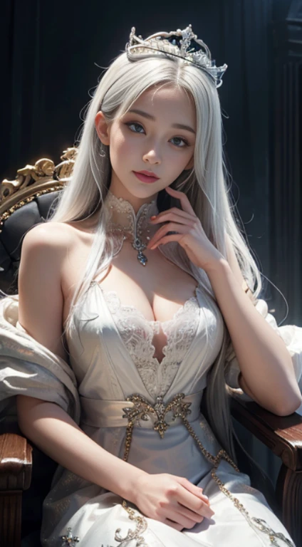 Girl, transparent, see through, silver and gold dress, topless, silver hair, tiara, glove, chokes, silver long sleeves, silver veils, ear wear, detailed hand, oval face, smile, picture form top to knee, sexy pose, extra large breasts, look at camera, camera from top, detailed, night, castle background, photorealistic, best quality