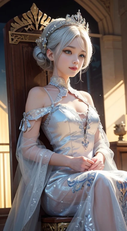 (Masterpiece:1.2), best quality, (illustration:1.2), (ultra-detailed), hyper details, (delicate detailed), (intricate details), (cinematic light, best quality Backlights), clear line, from below, soloist, perfect body, (1girl), white hair and yellow eyes, (emperor, black see-through clothes), (crown: 1.1), sitting on the throne, eyes slightly , head up , (arrogant : 1.2 ), (makeup), high contrast, (best illumination, an extremely create and beautiful), (cinematic light), colorful, smirk smile, blue eyes, details eyes, sidwle angle, look side