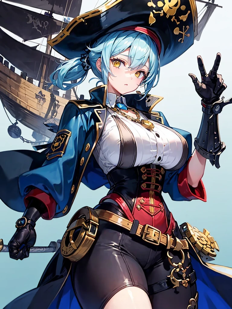 （（（masterpiece、Highest image quality、highest quality、highly detailed unity 8ｋwallpaper）））、（（Illustration of one girl、upper body））、（（（beautiful girl）））、（female pirate）、（Light light blue hair、short ponytail：1.2、yellow eyes）、（（（Right hand is a prosthetic hand、steampunk prosthetic arm）））、（（tall））、bulky figure, massive frame, thick neck, sturdy arms, powerful legs、（captain&#39;s suit、Pirate hat、Blue coat）、pirate ship