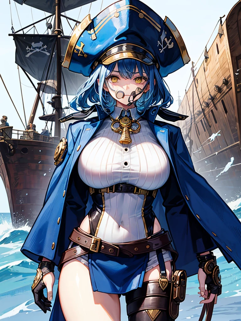 （（（masterpiece、Highest image quality、highest quality、highly detailed unity 8ｋwallpaper）））、（（Illustration of one girl、upper body））、（（（beautiful girl）））、（female pirate）、（Light light blue hair、short ponytail：1.2、yellow eyes）、（（（Right hand is a prosthetic hand、steampunk prosthetic arm）））、（（tall））、bulky figure, massive frame, thick neck, sturdy arms, powerful legs、（captain&#39;s suit、Pirate hat、Blue coat）、pirate ship