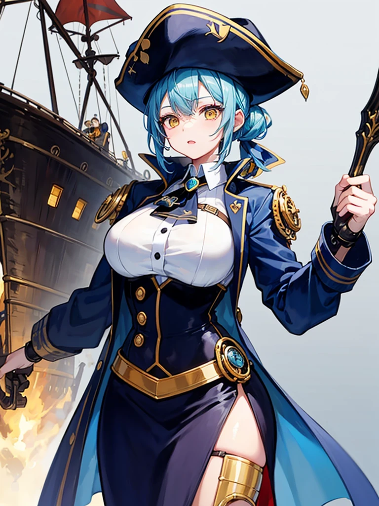(((masterpiece、Highest image quality、highest quality、highly detailed unity 8kwallpaper)))、((Illustration of one girl、upper body))、(((beautiful girl)))、(female pirate)、(Light light blue hair、short ponytail:1.2、yellow eyes)、(((Right hand is a prosthetic hand、steampunk prosthetic arm)))、((tall))、bulky figure, massive frame, thick neck, sturdy arms, powerful legs、(captain's suit、Pirate hat、Blue coat)、pirate ship