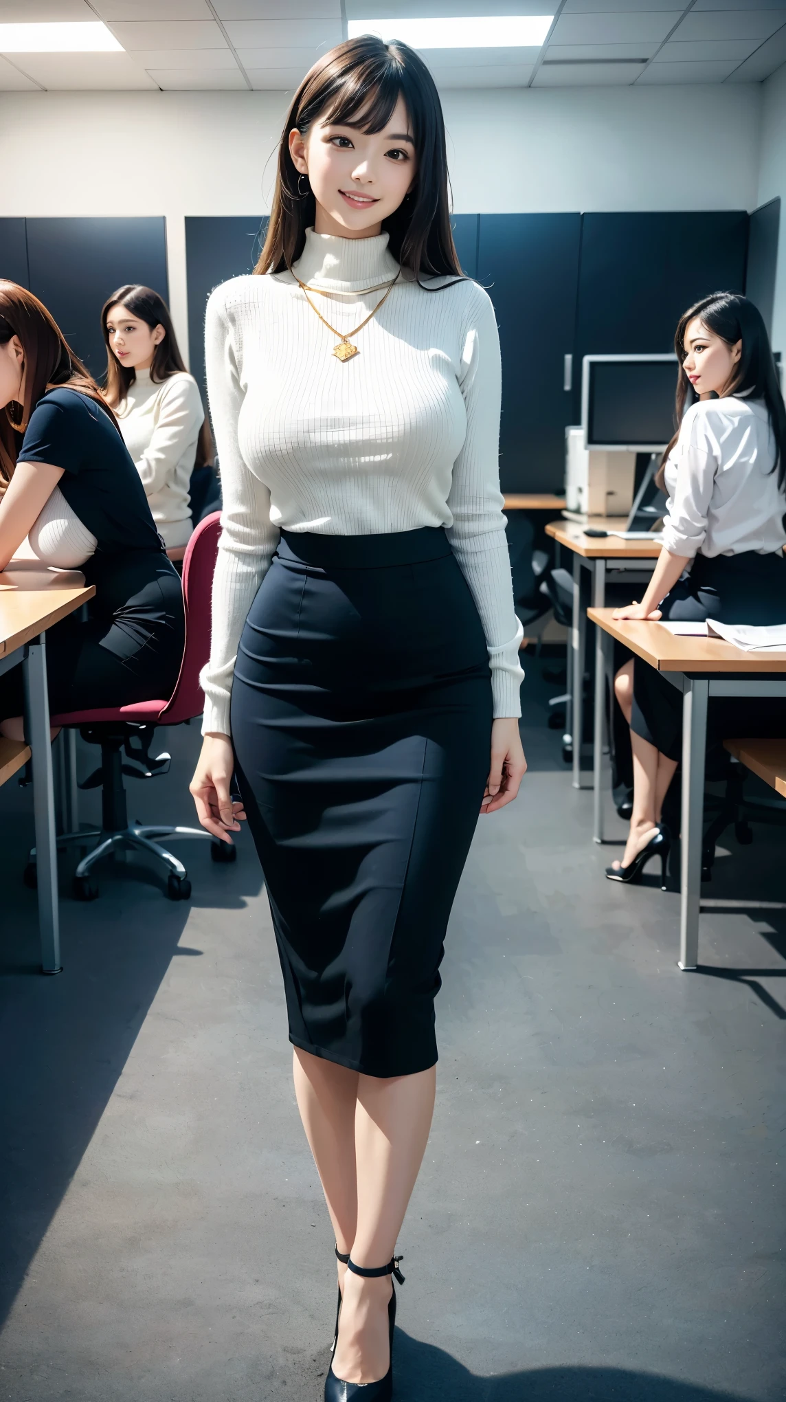 (Best Quality, Masterpiece, Photo realistic, Ultra Detailed, ultra high res, raw:1.3), (2girls:1.3), beautiful, Japanese, mature, 28yo, office workers, (turtle neck knit, pencil skirt), ({gold| silver| wine red| blue| navy| pink| white| black| yellow| green} clothes), (smile), long hair, bangs, high-waist, necklace, (at IT office), (long legs, high heels, full body:1.2), (big breasts:1.3), (crowd)