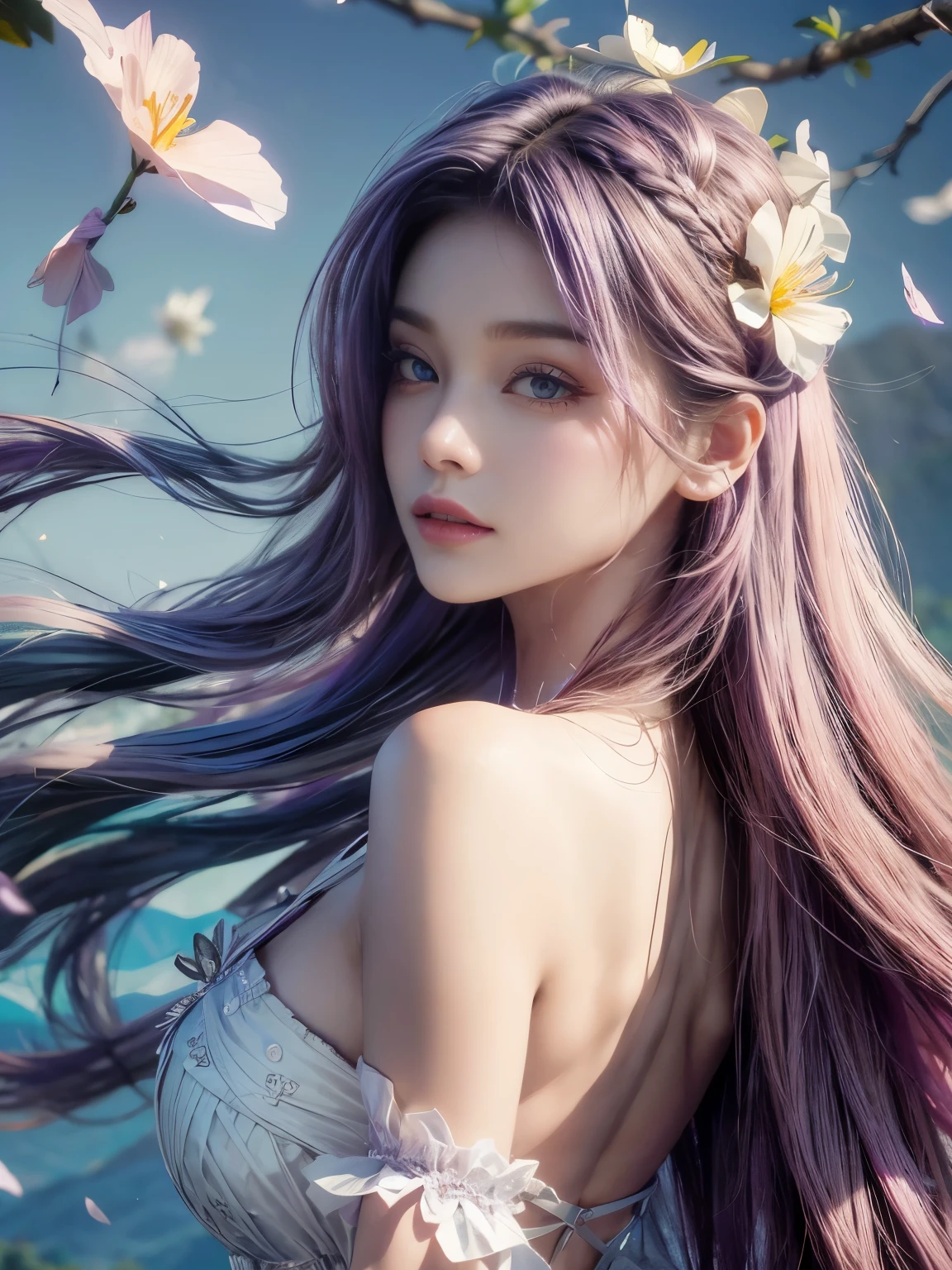 vibrant purple hair, windblown hair, background full of vast lavender fields.