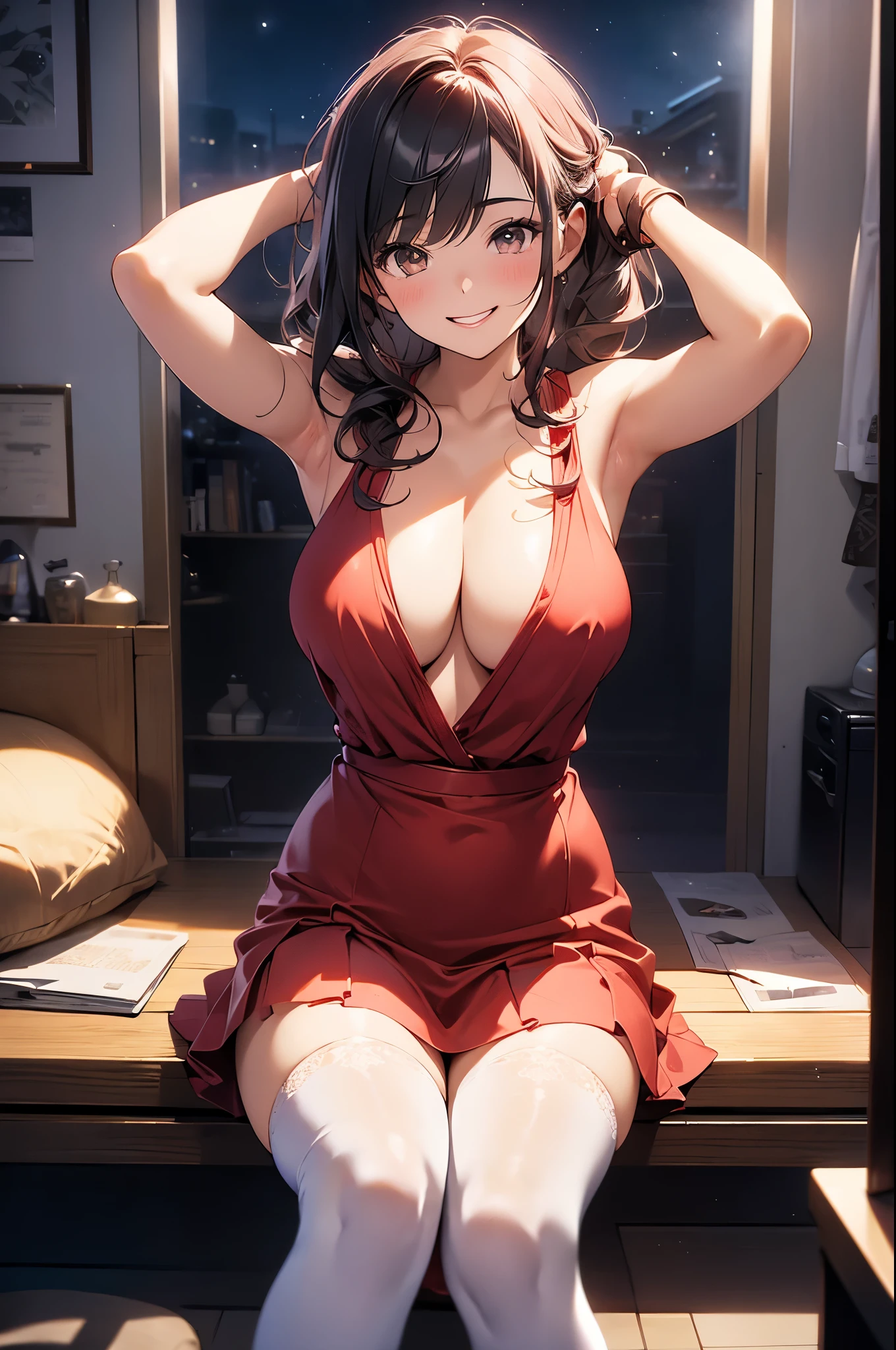 1girl,solo,(bright red lips,blush:0.9),(huge breasts,(sagging breasts)),happy,smile,looking at viewer,curled hairdo,sitting,
see-through,tight red dress,lace,black thighhighs,(spread legs,topless,nsfw),arms up,luxury room,
(dslr),(in dark,dark theme,night),masterpiece,official art,best quality,ray tracing,volumetric light,realistic,photorealistic,ultra highres,vivid,