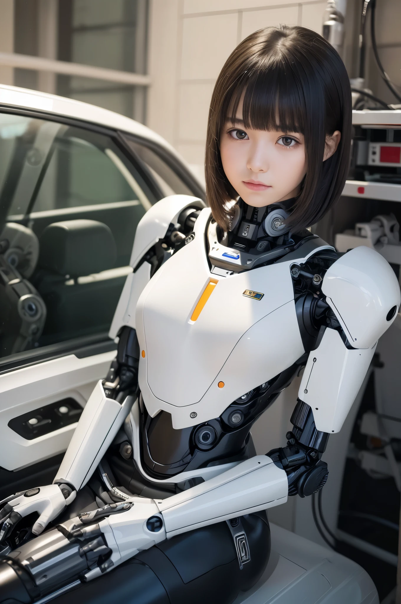 (photorealistic:1.4), (RAW photo)masutepiece, Best Quality, Extremely detailed, (Photorealistic:1.4), (8K, 4K, Best Quality, hight resolution, 超A high resolution:1.1), 8K portrait,Japaese android girl,kids,13 year old,control panels,Mechanical Hand, ,Robot arms and legs, Black hair,Mechanical body,Blunt bangs,White Robotics Parts,perfect ,Charging spot,