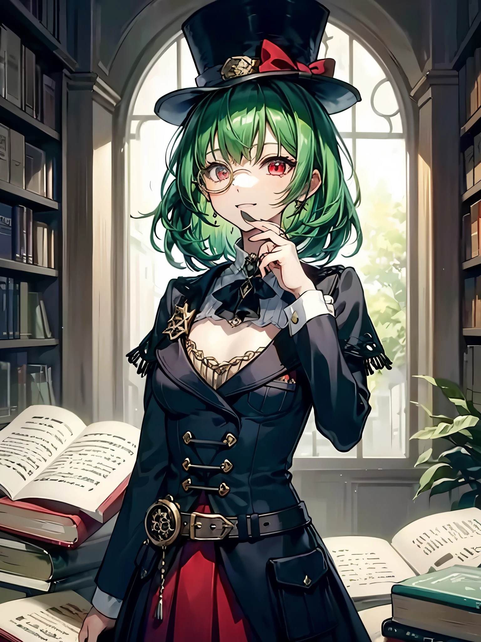 （（（masterpiece、Highest image quality、highest quality、highly detailed unity 8ｋwallpaper）））、（（Illustration of one girl、upper body））、（（（beautiful girl）））、（librarian）、（Emerald green hair、messy hair、sidelocks：1.2、red eyes、crazy smile）、（（（flat chest）））、（（（monocle）））、pocket watch、（（（Black top hat、Black tuxedo、belt）））、great medieval library、Large amount of books