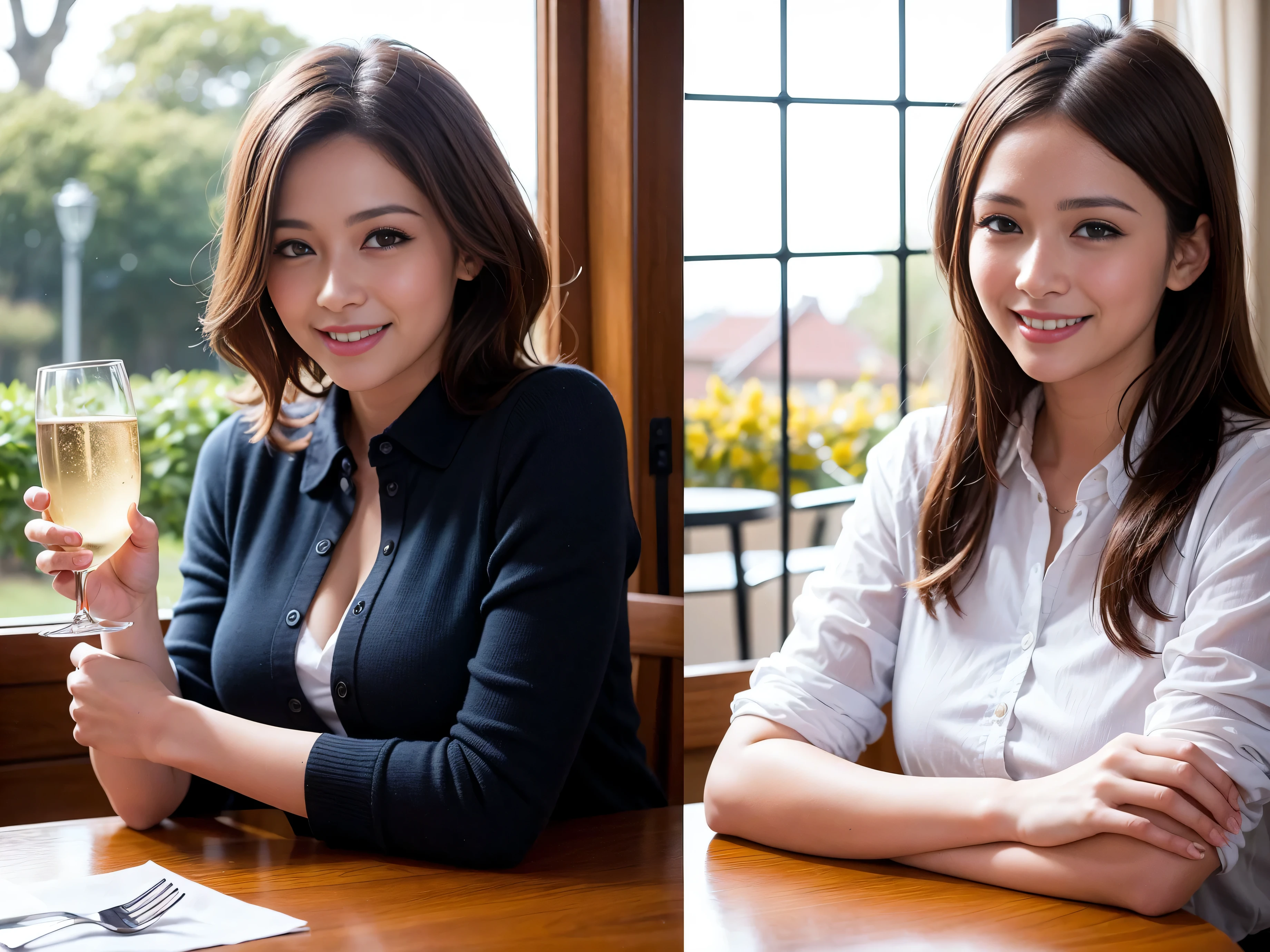 64k, UHD, highest quality, masterpiece: 1.2), (realistic, photorealistic: 1.37), Super detailed, slimな美女3名, (slimフェイス),Happy、 最高なsmile、Fox Face、Berry Short、(because I'thin), (brown hair), (shortcut), long sleeve shirt、winter fashion、Colombia、Brazilian、Japanese、Dutch、German、Portuguese、Belgian、Italian、french,champagne、Sparkling wine、 (gush), (slimボティ), (brown hair), (shortcut), Neat beauty、cheeks blush a little, (35 years old), 38 years old, alone, A beautiful and detailed night view spreads out outside the window..., restaurant, wine glassが座っている, At night, in a prominent place (from the Upper body) nova frog style, actress, model, Upper body, White wine, slim, wine glass, very beautiful night view, wine glass Put in the Middle, Happy smile, (smile: 1.15),