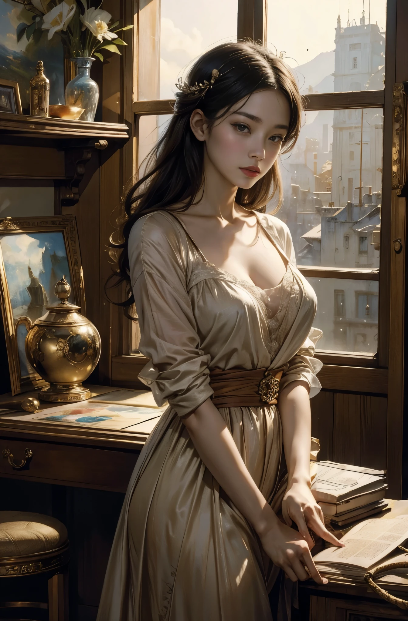 A painting of a beautiful young woman standing quietly, A talented female spy, beautiful night view, The Flower of the Social World, Inspired by Chen Yifei, Inspired by Francesco Hayez, Inspired by Hendrik Terbruggen, Inspired by Jean-Auguste Dominique Ingres, Inspired by Liu Jun, Inspired by Jean-Auguste Dominique Ingres, best quality, perfect angle, perfect composition, best shot, official art, cinematic light, figurative art, Intense watercolor painting, watercolor detailed art,Beautiful and expressive paintings, Beautiful artwork illustration, wonderful, cool beauty, clear, mysterious, highest quality, official art, perfect composition,perfect angle, best shot, female solo, sharp outline, melancholy, nostalgia, nostalgia,Eyes without pupils, color eye, ideal anima, melancholy, nostalgia, romantic, 1930s, beautiful cityscape, shanghai travelogue, sepia memories, An unforgettable woman, Full body Esbian