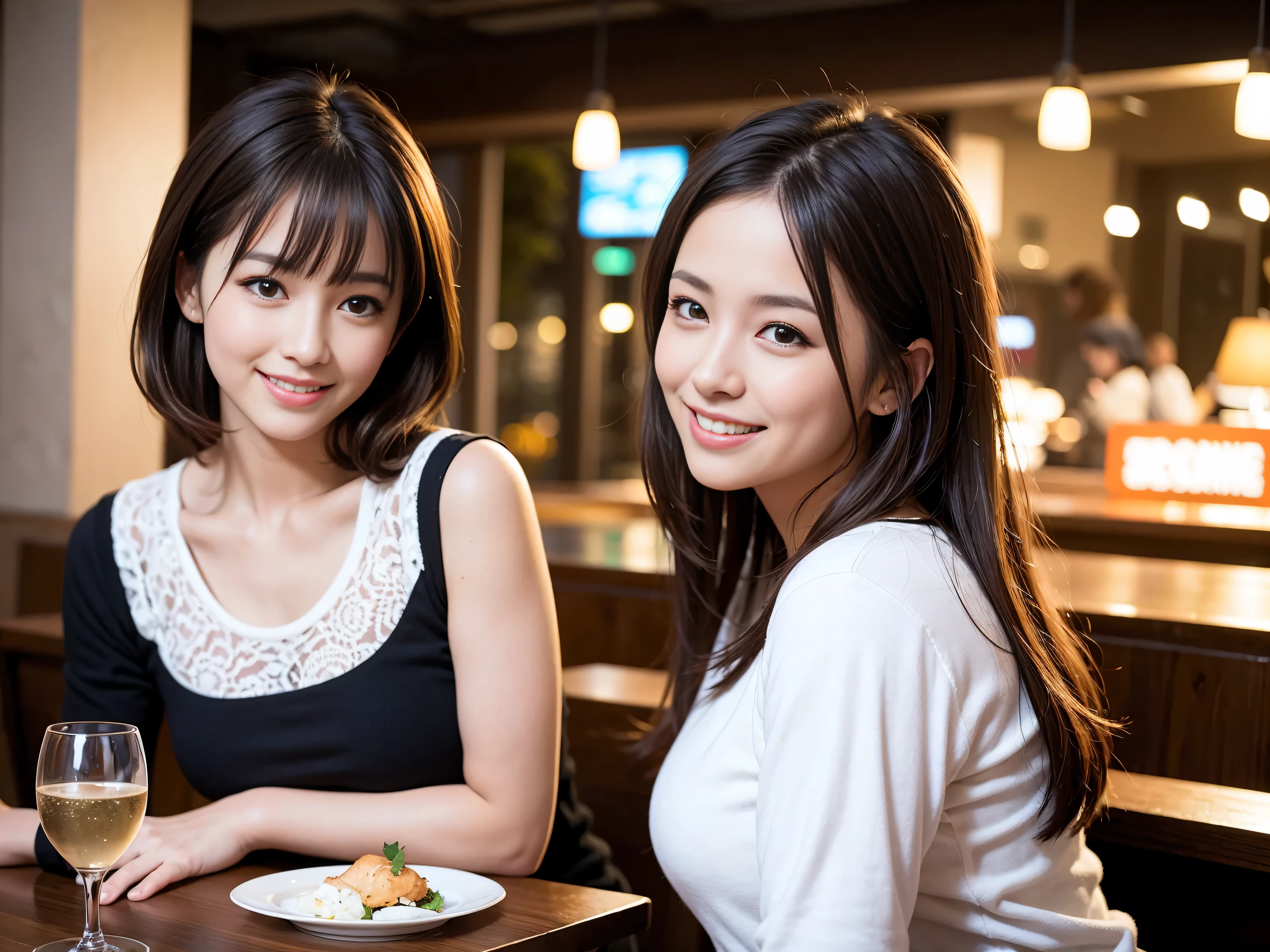 64k, UHD, highest quality, masterpiece: 1.2), (realistic, photorealistic: 1.37), Super detailed, slimな美女3名, (slimフェイス),Happy、 最高なsmile、Fox Face、Berry Short、(because I'thin), (brown hair), (shortcut), long sleeve shirt、winter fashion、Colombia、Brazilian、Japanese、Dutch、German、Portuguese、Belgian、Italian、french,champagne、Sparkling wine、 (gush), (slimボティ), (brown hair), (shortcut), Neat beauty、cheeks blush a little, (35 years old), 38 years old, alone, A beautiful and detailed night view spreads out outside the window..., restaurant, wine glassが座っている, At night, in a prominent place (from the Upper body) nova frog style, actress, model, Upper body, White wine, slim, wine glass, very beautiful night view, wine glass Put in the Middle, Happy smile, (smile: 1.15),