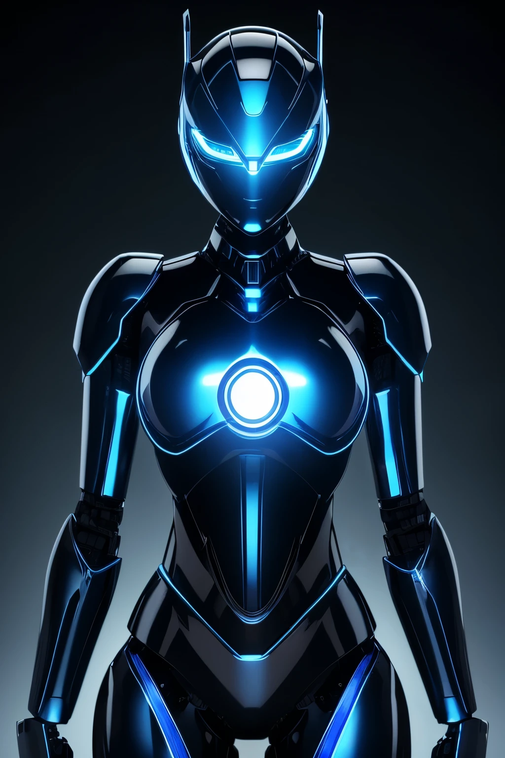 best quality, 32k, RAW photo, incredibly absurdres, extremely detailed, robot with a beautiful form and seamless shiny iridescent chrome plating, blue led eyes, female